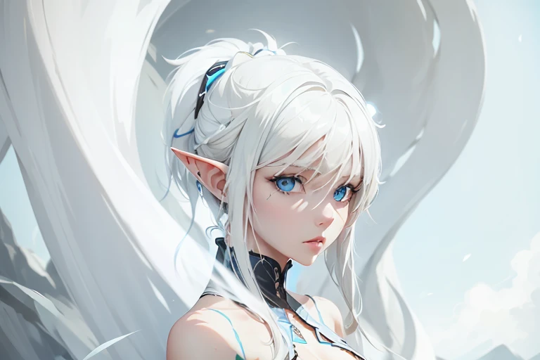Selene has short silver hair, pale blue eyes reminiscent of moonlight and fair skin with scars from past battles. Your ears are slightly pointed, characteristic of half-elves. She wears a white cleric&#39;s robe with silver details and carries a sacred symbol in the shape of a crescent moon.. Its appearance is ethereal and a little melancholic, reflecting the tragedy of his life.