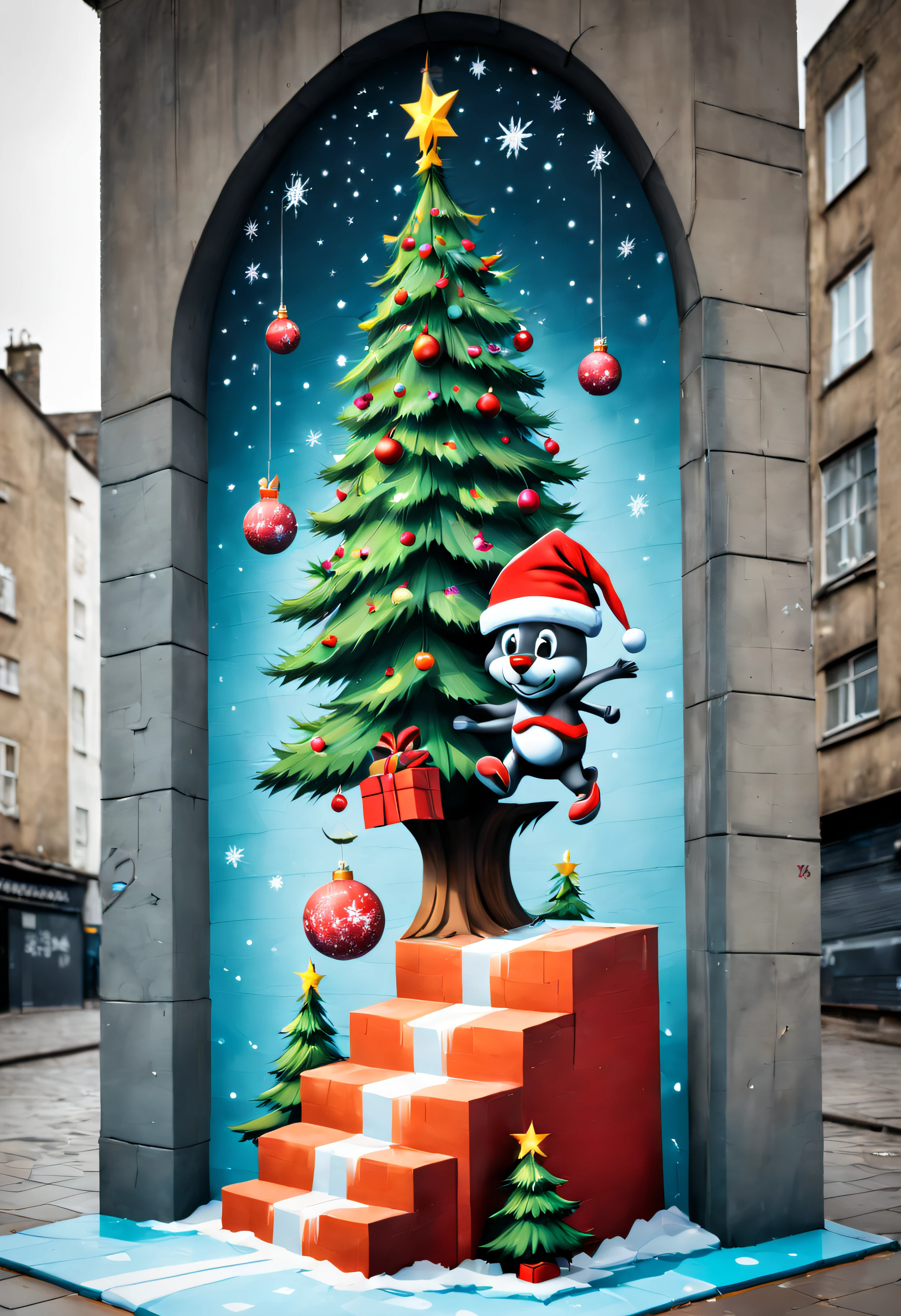 3dxmasurbanart, "Merry Christmas" written, alcove, isometric, 3d, jumping, platform christmas tree, reindeer