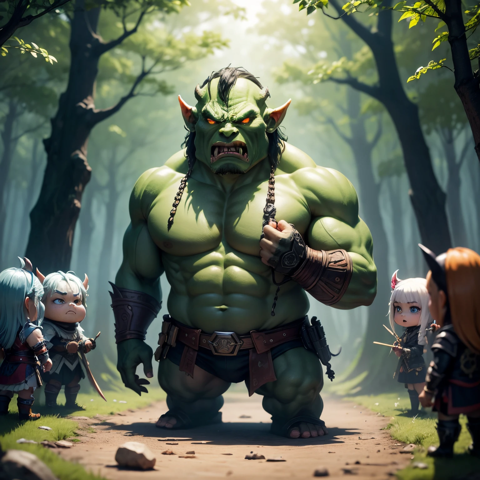 masterpiece、top-quality、ultra-detailliert、(1 chibi character orc 1.3)、terror、Insidious、anguish、fairy tale forest、Sunlight、Full-body standing figure、