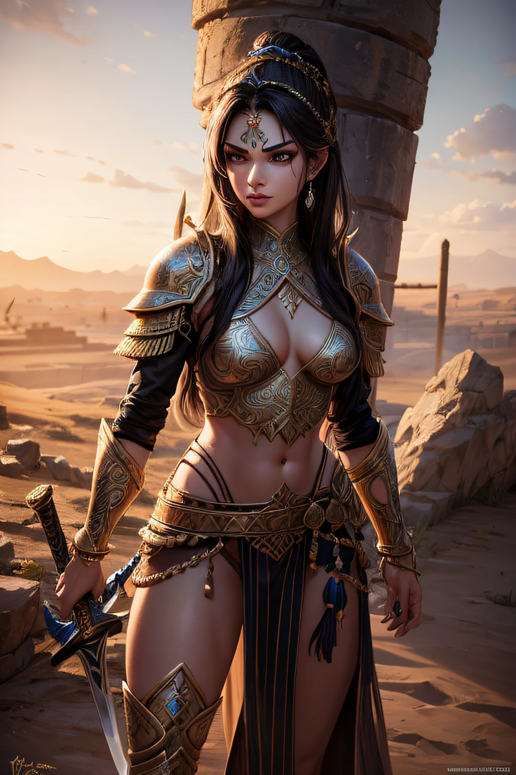 young persian  girl, ancient persian warrior, wielding an arabic sword, evil look,,combat stance, facepaint, bodypaint, sexi, small breasts, ancient persian battle dress and armor, desert in background, highly detailed, vibrant appearance, creative behavior, extremly detailed, imaginative, sensual, spontaneous, highest quality, skin texture, intricate details, (cinematic lighting), RAW photo, 8k, masterpiece,best quality,ultra-detailed,very detailed illustrations,extremely detailed,intricate details,highres,super complex details,extremely detailed 8k cg wallpaper,