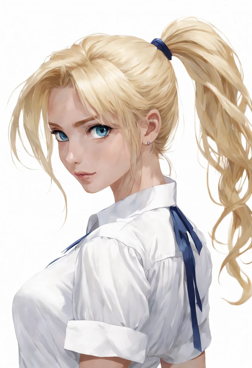 POV, ((masutepiece, Best Quality)), Upper body, 1girl in, Solo, (White background:1.3), ( Background:1.3), Ponytail & Hair,a blond, Blue Eye, White blouse, Looking at Viewer,