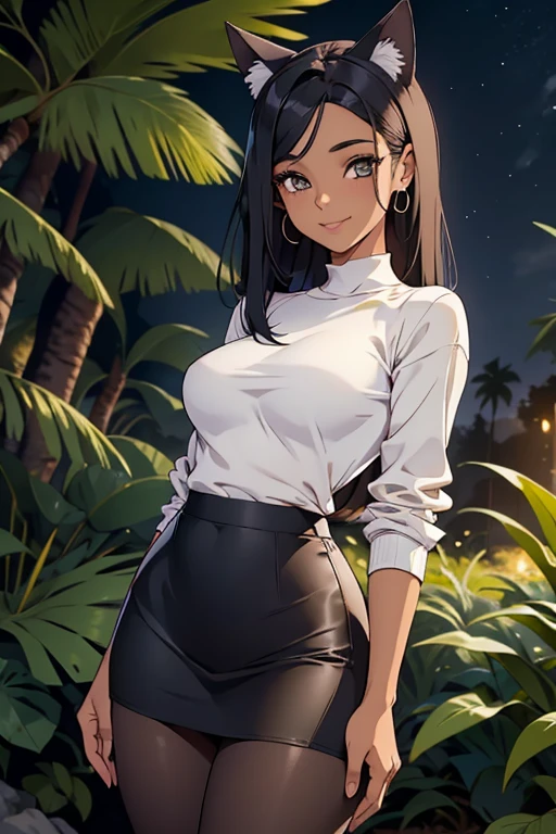 foto de corpo inteiro,cat ears on the head of a beautiful young woman wearing a short skirt, usando meias preta longas e sueterpreto apertado ,corpo inteiro na foto,floresta a noite varias luzes,belas coxas, coxas lindas belhos olhos escuros detalhados, sueter branco apertado,maio apertado , tight pantyhose, mini saia , ceu limpo a noite com estrelas numa floresta a noite,short curto linda jovem, olhos sedutores feminino.CABELO CURTO PRETO((CABELOS CURTO PRETO))