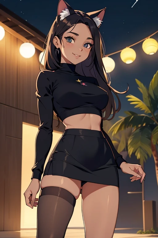 foto de corpo inteiro, todo o corpo , cat ears on the head of a beautiful young woman wearing a short skirt, usando meias preta longas e sueterpreto apertado ,corpo inteiro na foto,floresta a noite varias luzes,belas coxas, coxas lindas belhos olhos escuros detalhados, sueter branco apertado,maio apertado , tight pantyhose, mini saia , ceu limpo a noite com estrelas numa floresta a noite,short curto linda jovem, olhos sedutores feminino.CABELO CURTO PRETO((CABELOS CURTO PRETO))salto alto, em pe, salto alto preto belos sorriso
