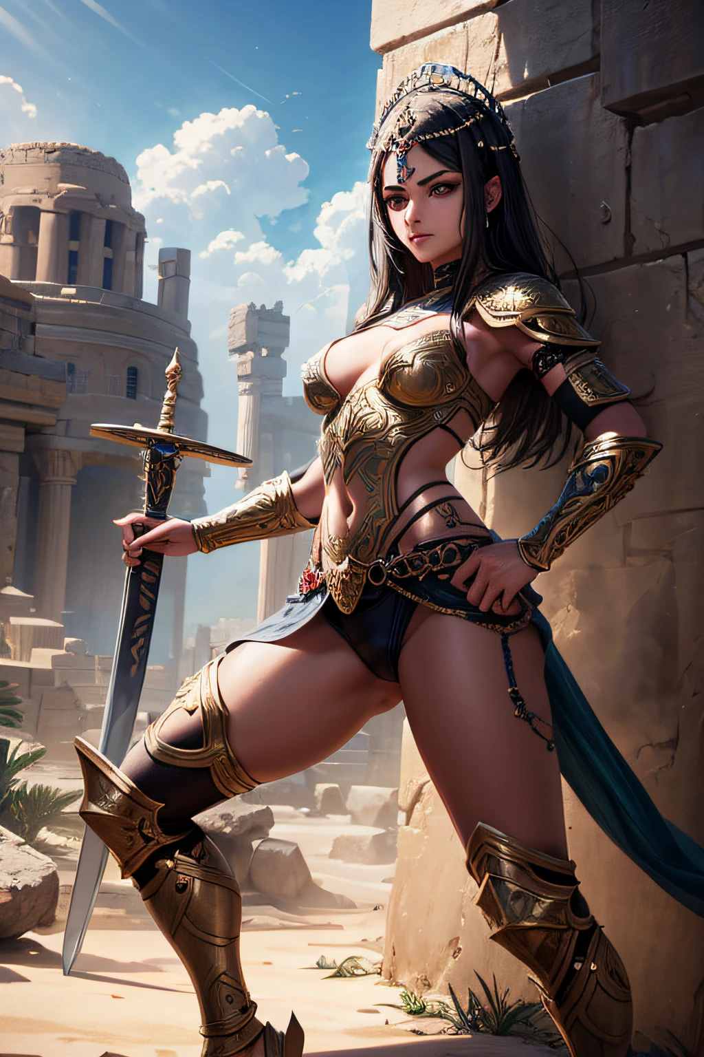 young persian  girl, ancient persian warrior, wielding an arabic sword, evil look,,combat stance, facepaint, bodypaint, sexi, small breasts, ancient persian battle dress and armor, desert in background, highly detailed, vibrant appearance, creative behavior, extremly detailed, imaginative, sensual, spontaneous, highest quality, skin texture, intricate details, (cinematic lighting), RAW photo, 8k, masterpiece,best quality,ultra-detailed,very detailed illustrations,extremely detailed,intricate details,highres,super complex details,extremely detailed 8k cg wallpaper,