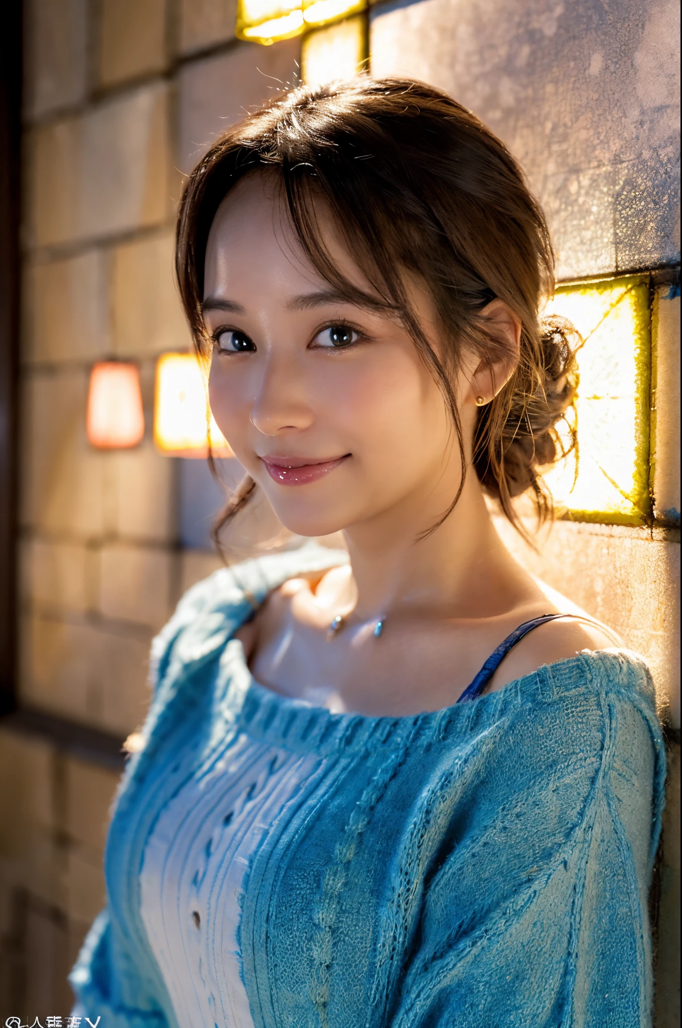 ulzzang -6500-v1.1, (Raw photo:1.2), (Photorealsitic), Beautiful detailed, (Real: 1.4), extremely detailed eye and face, beatiful detailed eyes, ((A very beautiful illumination square at night:1.5)), (( midwinter sweater:1.3, Ultra-realistic pantyhose:1.2))、selfee、Instagram、game_nffsw, huge filesize, hight resolution, ighly detailed, top-quality, [​masterpiece:1.6], illustratio, ighly detailed, nffsw, finely detail, top-quality, 8k wallpaper, Cinematographic lighting, 1 milf, 42 year old, perfect body type, cute droopy eyes beautiful big eyes、Pieckfinger, ((masutepiece)), Best Quality, 1 milf, eye shadow,  Portrait, ((FULL BODYSHOT:1.4))、(Very affectionate smile:1.2)、realistic skin textures、shinny skin、Exposed thighs!!!