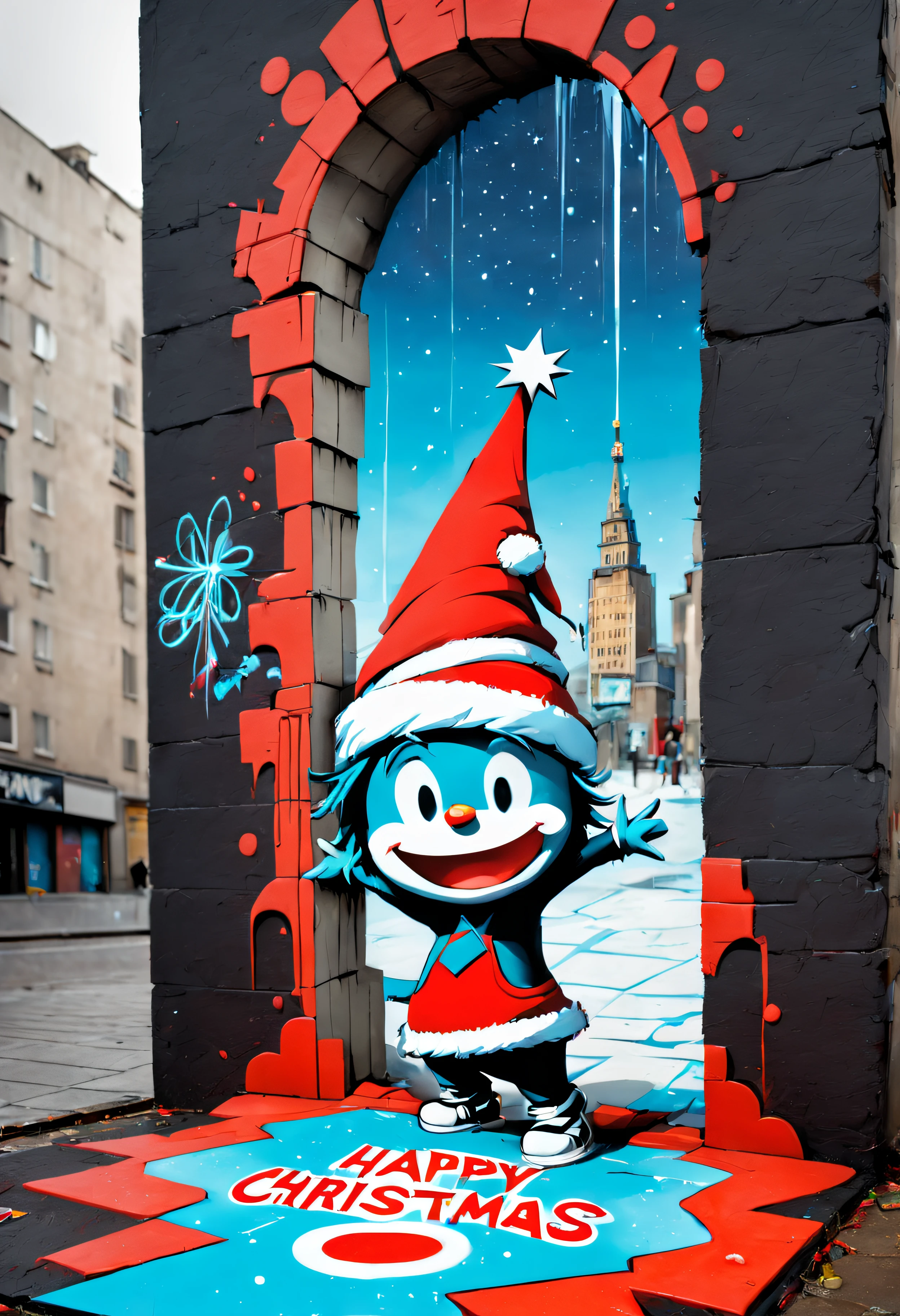 3dxmasurbanart, A three dimensional piece of christmas street art "Happy Christmas" written on the ground in skottie young style, picturing a portal opened up from another dimension with a graffiti skyscraper (banksy style)