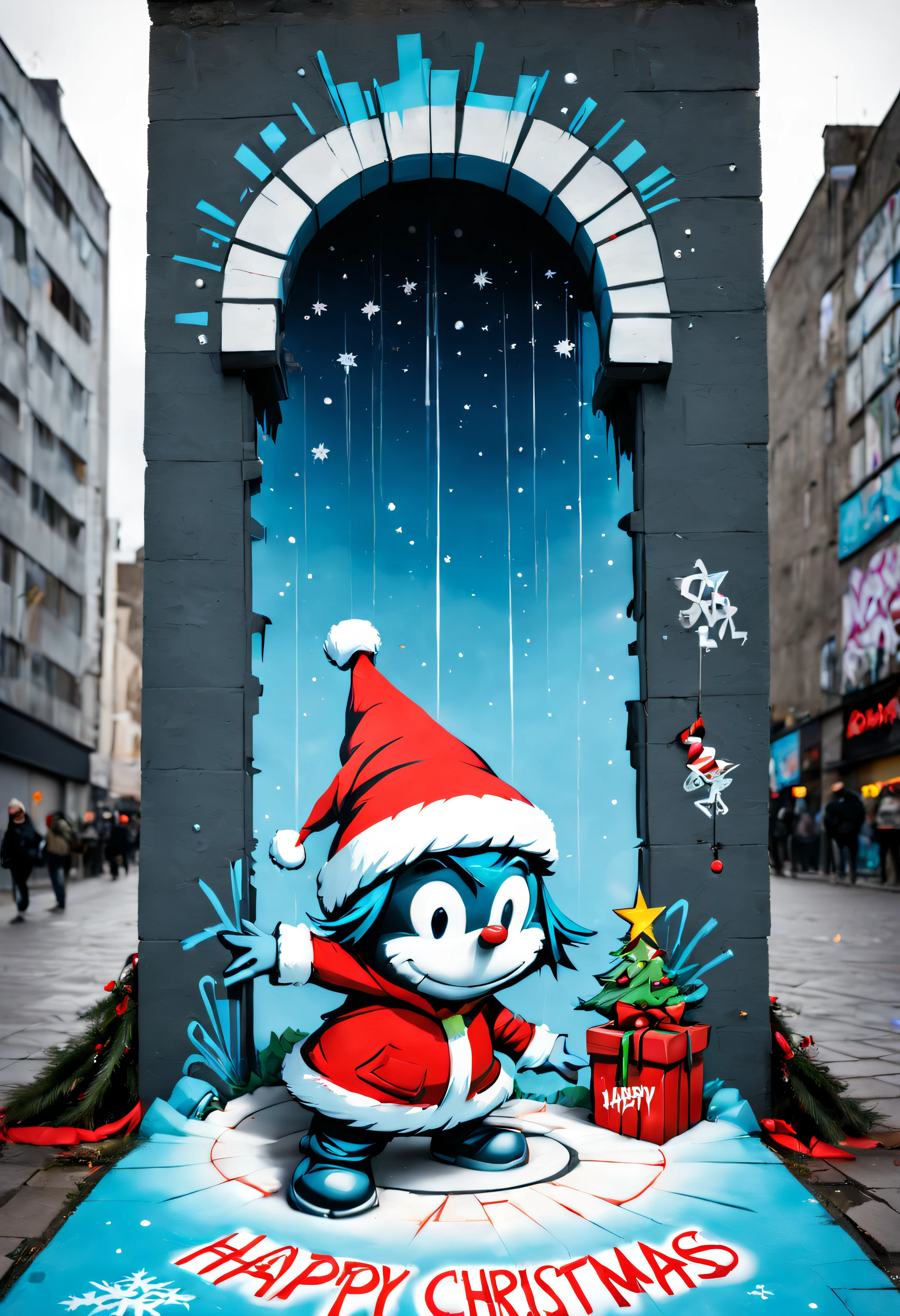 3dxmasurbanart, A three dimensional piece of christmas street art "Happy Christmas" written on the ground in skottie young style, picturing a portal opened up from another dimension with a graffiti skyscraper (banksy style)