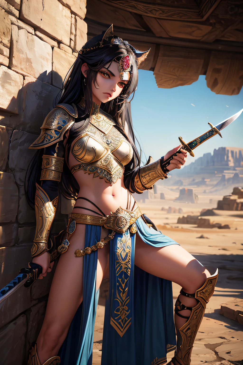 young persian girl, ancient persian warrior, wielding an arabic sword, evil look,,combat stance, facepaint, bodypaint, sexi, small breasts, ancient persian battle dress and armor, desert in background, highly detailed, vibrant appearance, creative behavior, extremly detailed, imaginative, sensual, spontaneous, highest quality, skin texture, intricate details, (cinematic lighting), RAW photo, 8k, masterpiece,best quality,ultra-detailed,very detailed illustrations,extremely detailed,intricate details,highres,super complex details,extremely detailed 8k cg wallpaper,