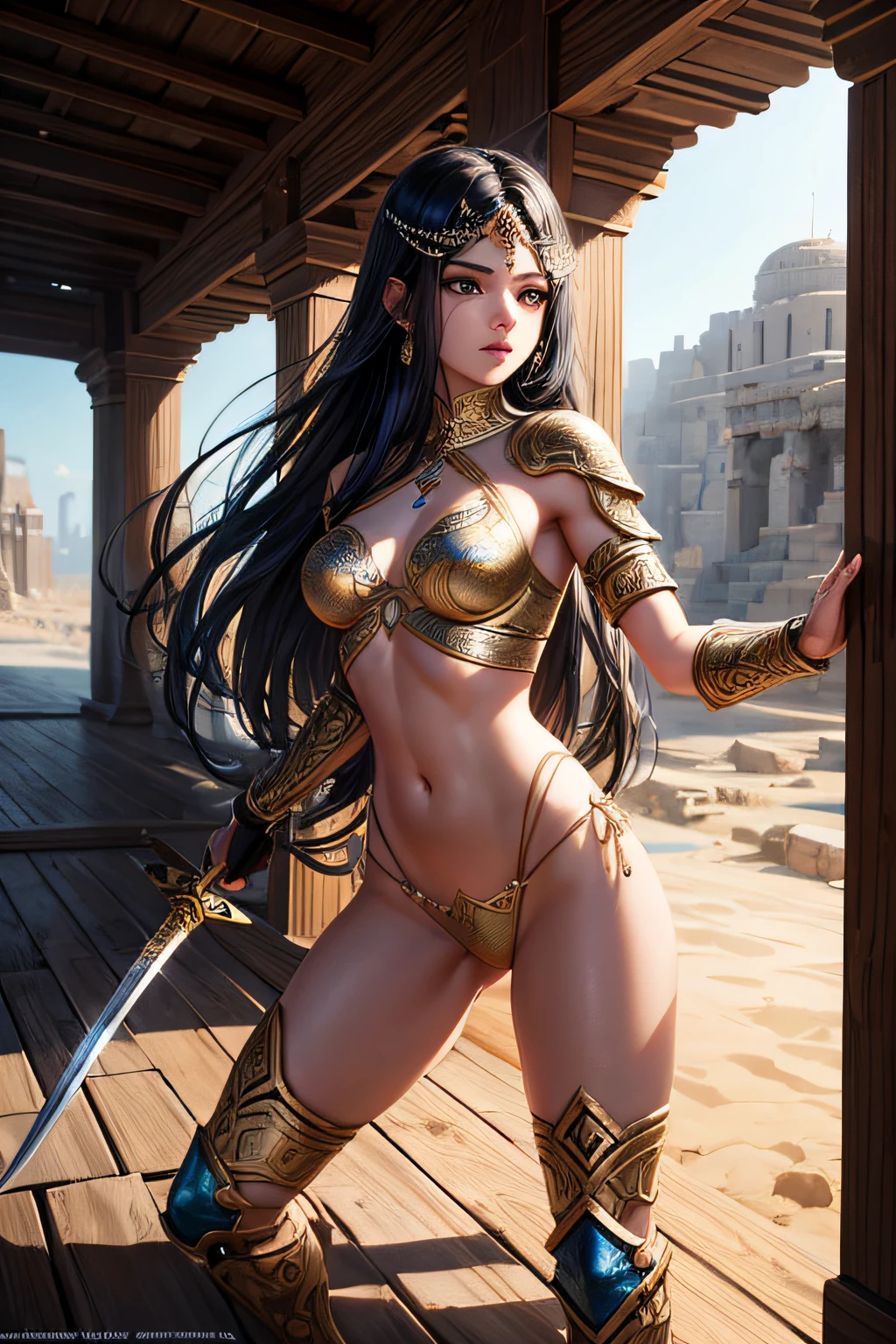 young persian girl, ancient persian warrior, wielding an arabic sword, evil look,,combat stance, facepaint, bodypaint, sexi, small breasts, ancient persian battle dress and armor, desert in background, highly detailed, vibrant appearance, creative behavior, extremly detailed, imaginative, sensual, spontaneous, highest quality, skin texture, intricate details, (cinematic lighting), RAW photo, 8k, masterpiece,best quality,ultra-detailed,very detailed illustrations,extremely detailed,intricate details,highres,super complex details,extremely detailed 8k cg wallpaper,