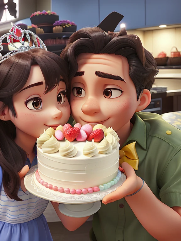Lovers, posing for photo、Two people holding a cake and trying to bite into it、Her boyfriend&#39;s hair is parted in the center and she wears a tiara.、