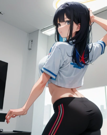 Close up of woman showing her big butt and watching anime shyly 