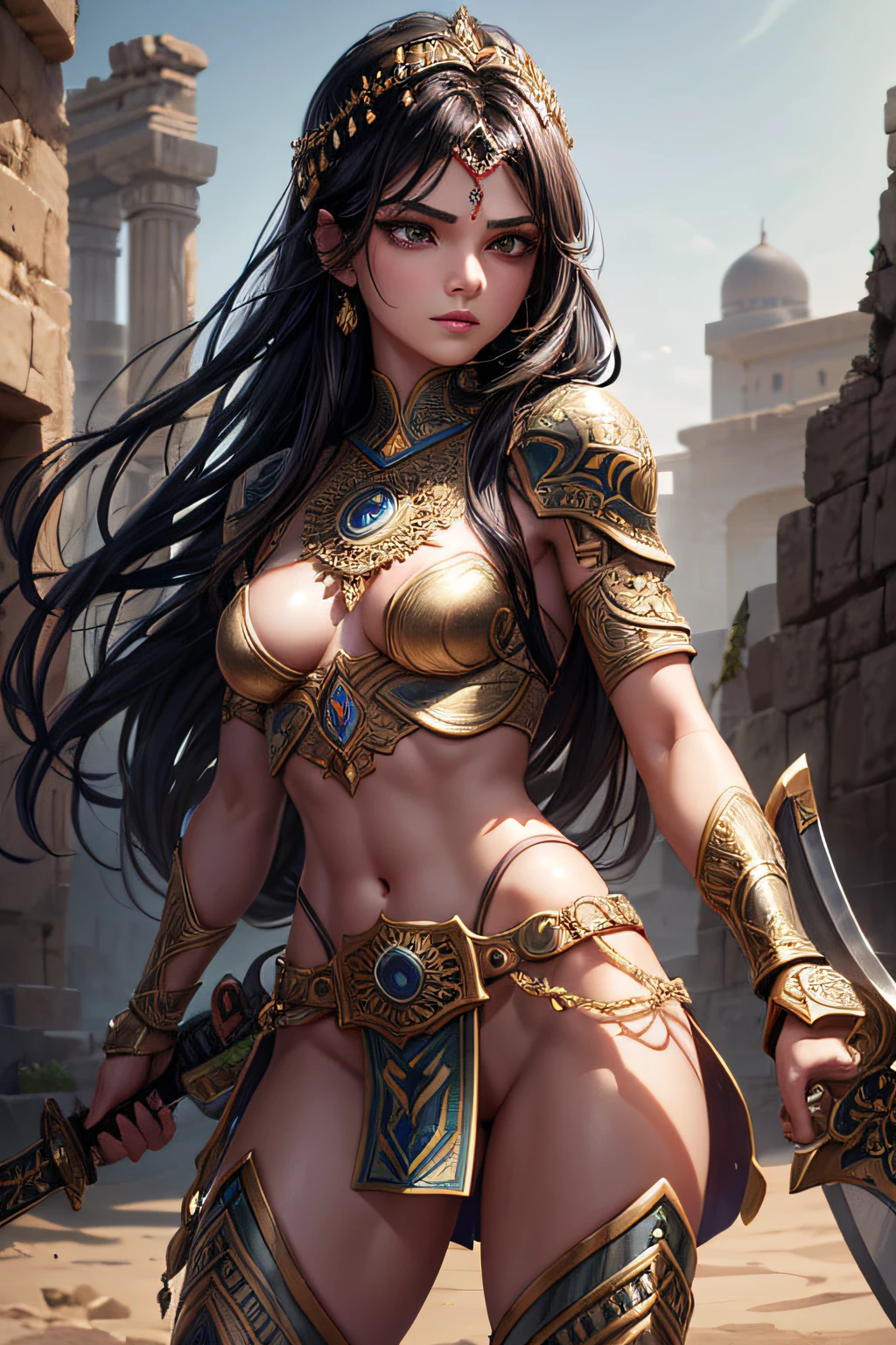 young persian teen girl, ancient persian warrior, wielding an arabic sword, evil look,,combat stance, facepaint, bodypaint, sexi, small breasts, ancient persian battle dress and armor, desert in background, highly detailed, vibrant appearance, creative behavior, extremly detailed, imaginative, sensual, spontaneous, highest quality, skin texture, intricate details, (cinematic lighting), RAW photo, 8k, masterpiece,best quality,ultra-detailed,very detailed illustrations,extremely detailed,intricate details,highres,super complex details,extremely detailed 8k cg wallpaper,