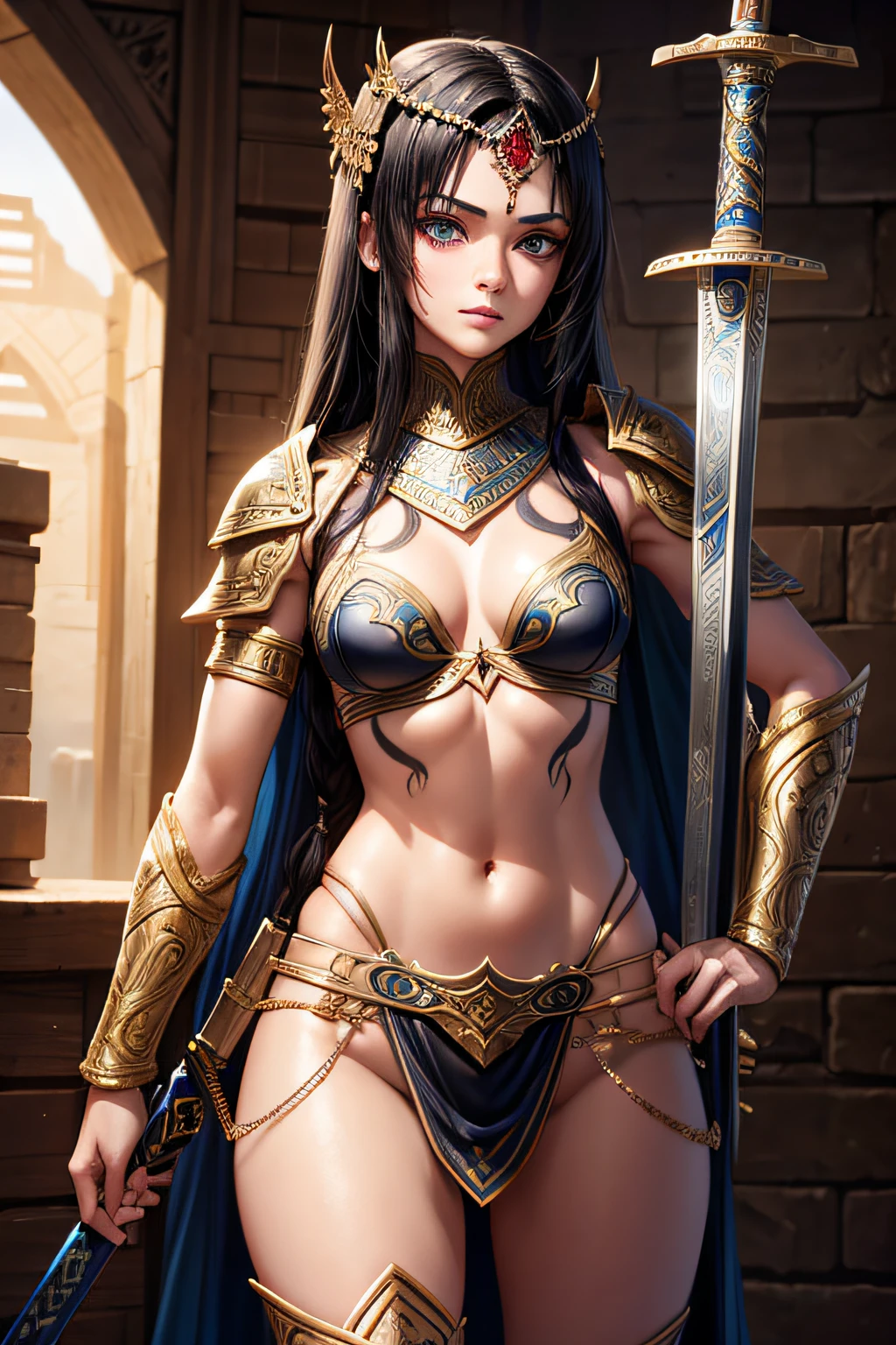 young persian girl, ancient persian warrior, wielding an arabic sword, evil look,,combat stance, facepaint, bodypaint, sexi, small breasts, ancient persian battle dress and armor, desert in background, highly detailed, vibrant appearance, creative behavior, extremly detailed, imaginative, sensual, spontaneous, highest quality, skin texture, intricate details, (cinematic lighting), RAW photo, 8k, masterpiece,best quality,ultra-detailed,very detailed illustrations,extremely detailed,intricate details,highres,super complex details,extremely detailed 8k cg wallpaper,