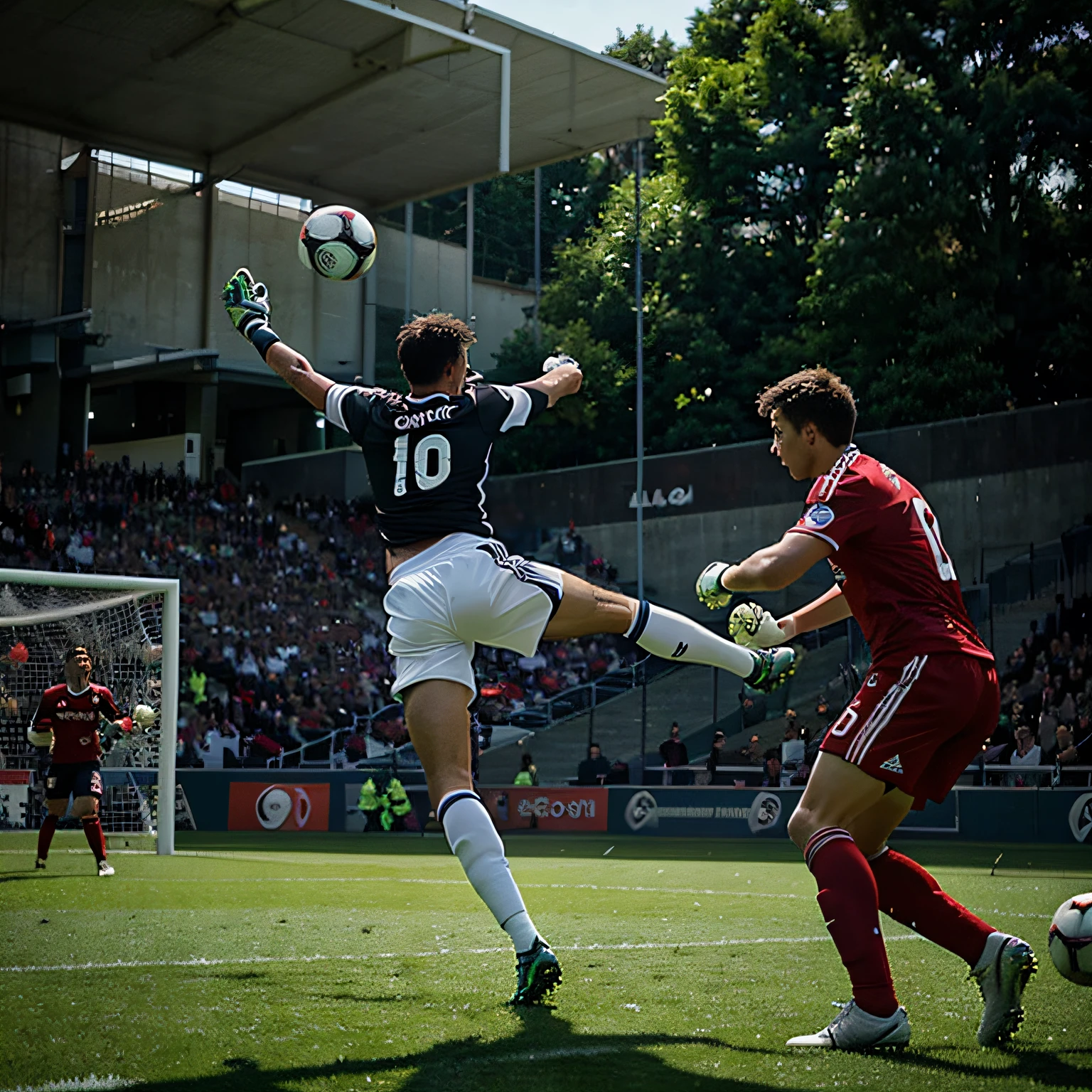 ​ generate an image of a soccer player trying to reach the opponent&#39;s goal. Only the goalkeeper and one defender are visible from the opposing team.. The footballer is about to kick the ball.