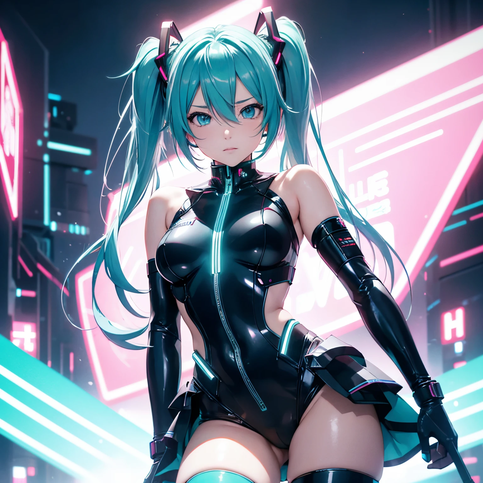 miku hatsune,best qualtiy,tmasterpiece,hight resolution,1girl in,Female body defined thighs, cybernetic body parts,Short neon underwear,synth wave neon color clothes, bright clothes, sci-fy,Large breasts,Pose Seductive, Perfect eyes。hight resolution, 8K, Background bokeh, Synthwave Neon Color, No black