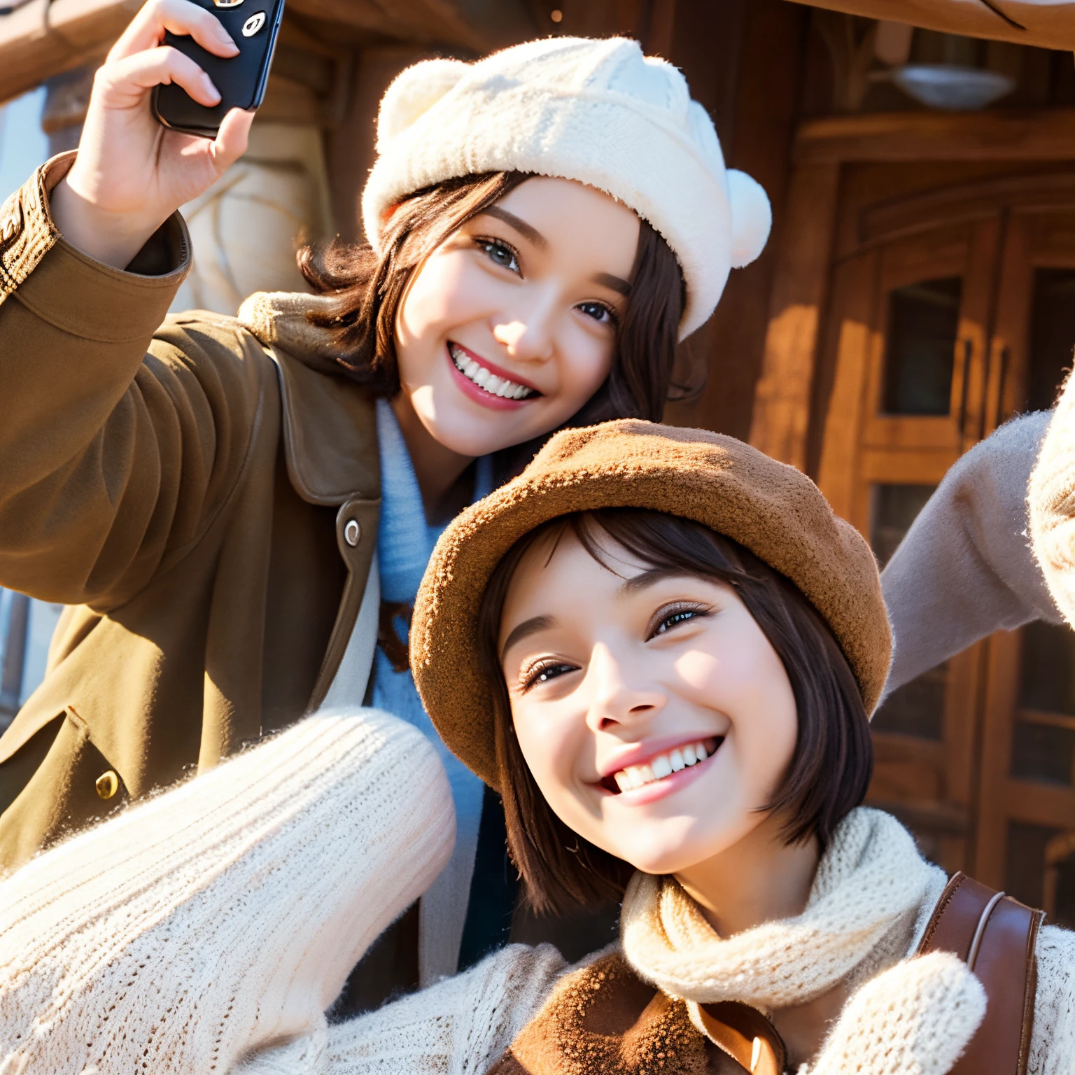 disney pixar poster、A girl wearing a brown jacket and a white knitted hat is taking a selfie、Smiling with bob hair。The girl on the left is wearing a white jacket、He is smiling and wearing a brown and white pilot's cap.。