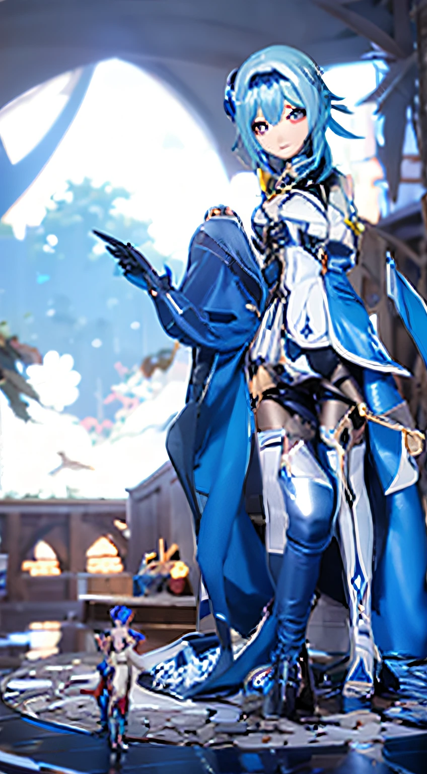 Anime character touching woman wearing white high heels's legs, azur lane style, Translucent fluid flowing from the《Azure route》videogame, Detailed pubic hair. Girl Front, 《Azure route》The character, giantess art, Render using sfm,from the girl, highly detailed giantess shot, The animations are rich in detail
