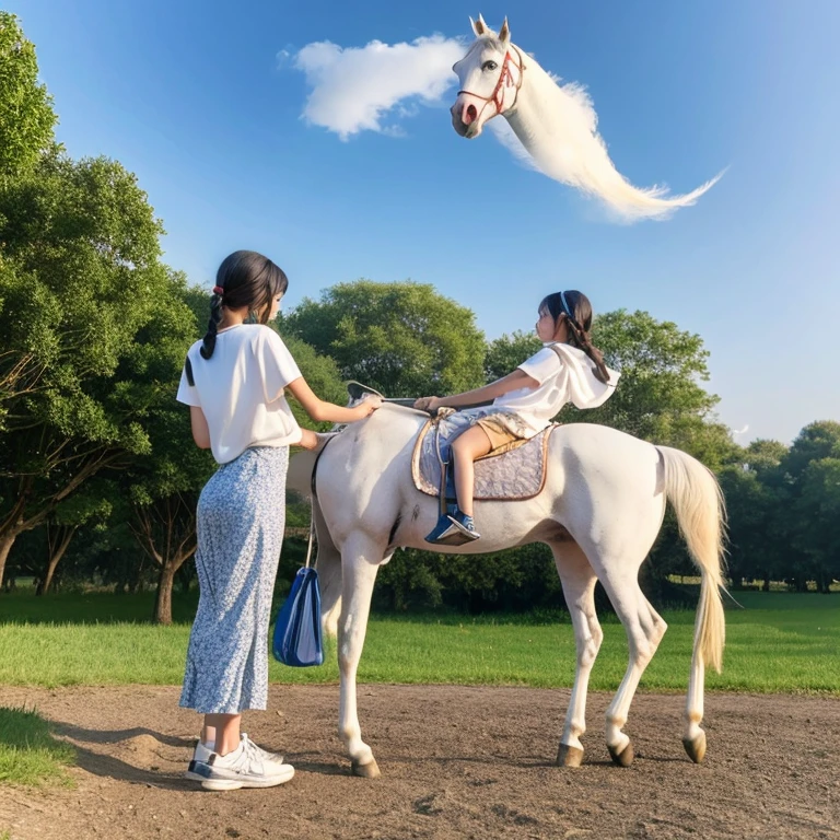 human twins trying to catch a white horse Will Realistic depiction