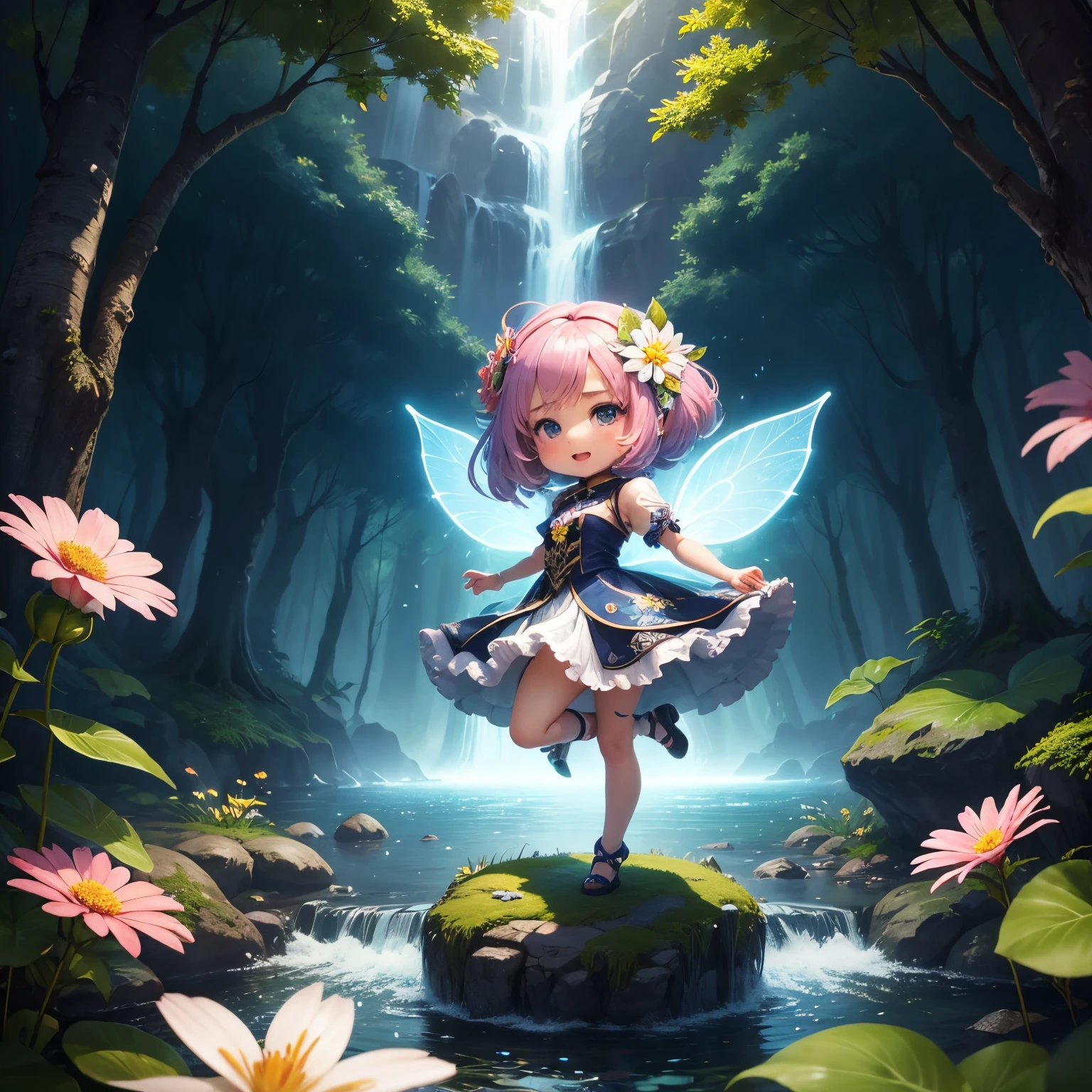 ​masterpiece、top-quality、ultra-detailliert、(Chibi character flower spirit:1.3)、flowers made of transparent glass、Fairy tale forest waterfall、Lightning、Open your mouth and smile、Full-body standing figure、Jumping Kick
