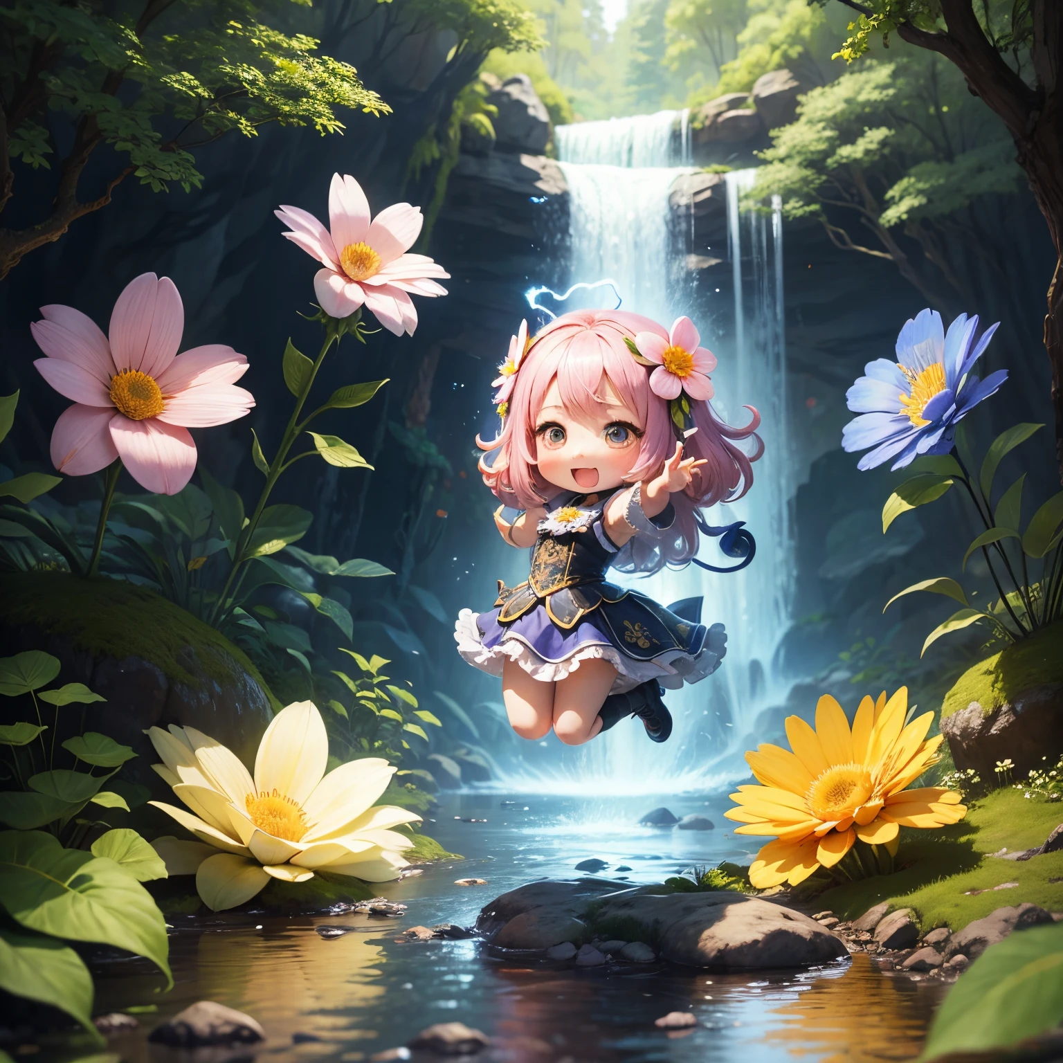 masterpiece、top-quality、ultra-detailliert、(Chibi character flower spirit:1.3)、flowers made of transparent glass、Fairy tale forest waterfall、Lightning、Open your mouth and smile、Full-body standing figure、Jumping Kick
