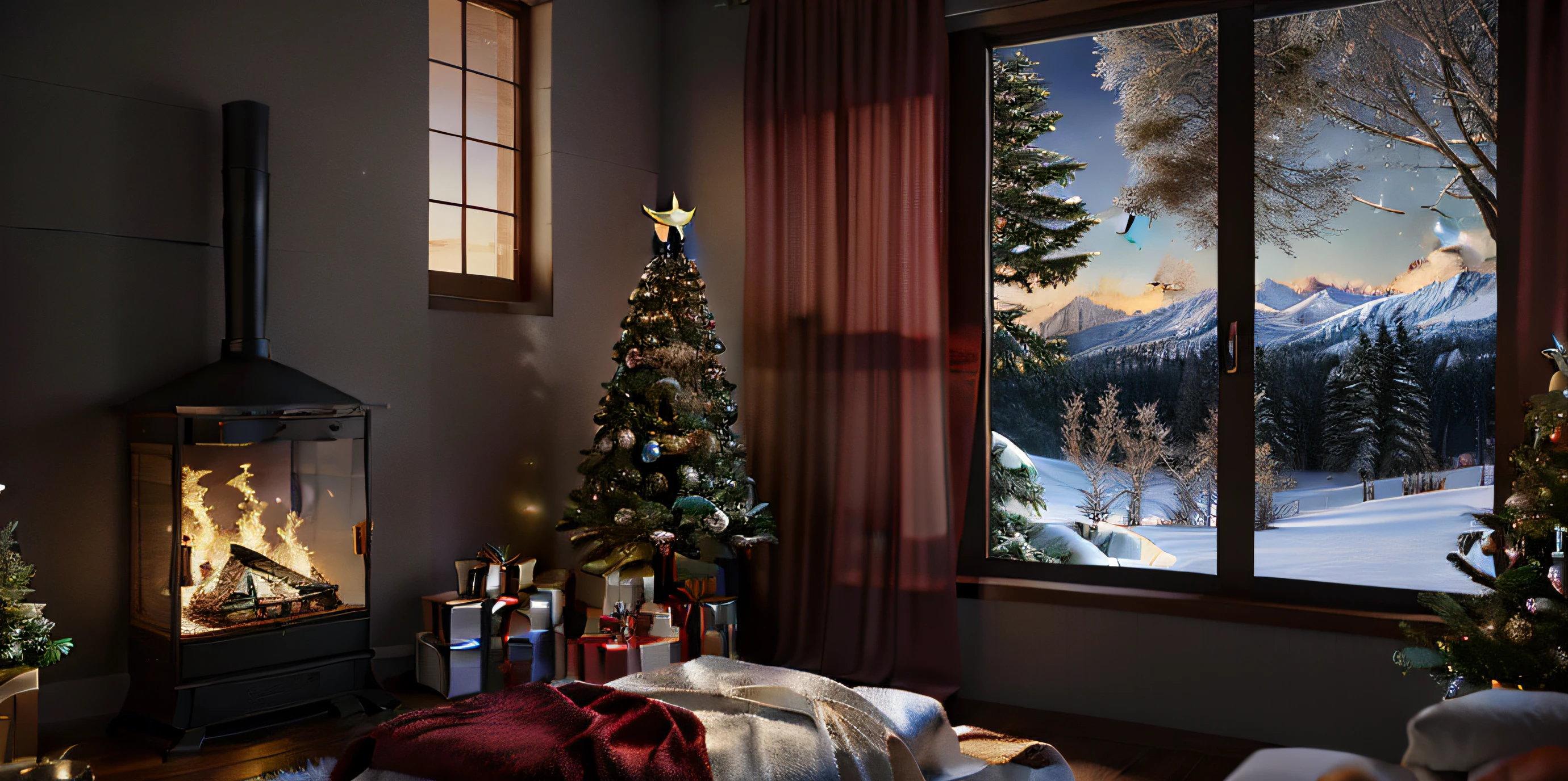 vista arafada de uma sala de estar com fogo na lareira, Christmas decoration, neve do lado de fora e noite, frio e neve, Christmas decoration Christmas tree, natal, luzes, arvore de natal com luzes Motor irreal ; romantic theme, motor empoeirado unreal, unreal 6 breathtaking detailed, unreal 5 motor renderizado, unreal engine render concept art, cinematic render unreal engine, unreal engine cinematic, ps5 cinematic screen capture, Papel de parede aconchegante, fundo aconchegante da casa, Unreal motor captura de tela, renderizado em unreal 5, atmospheric render