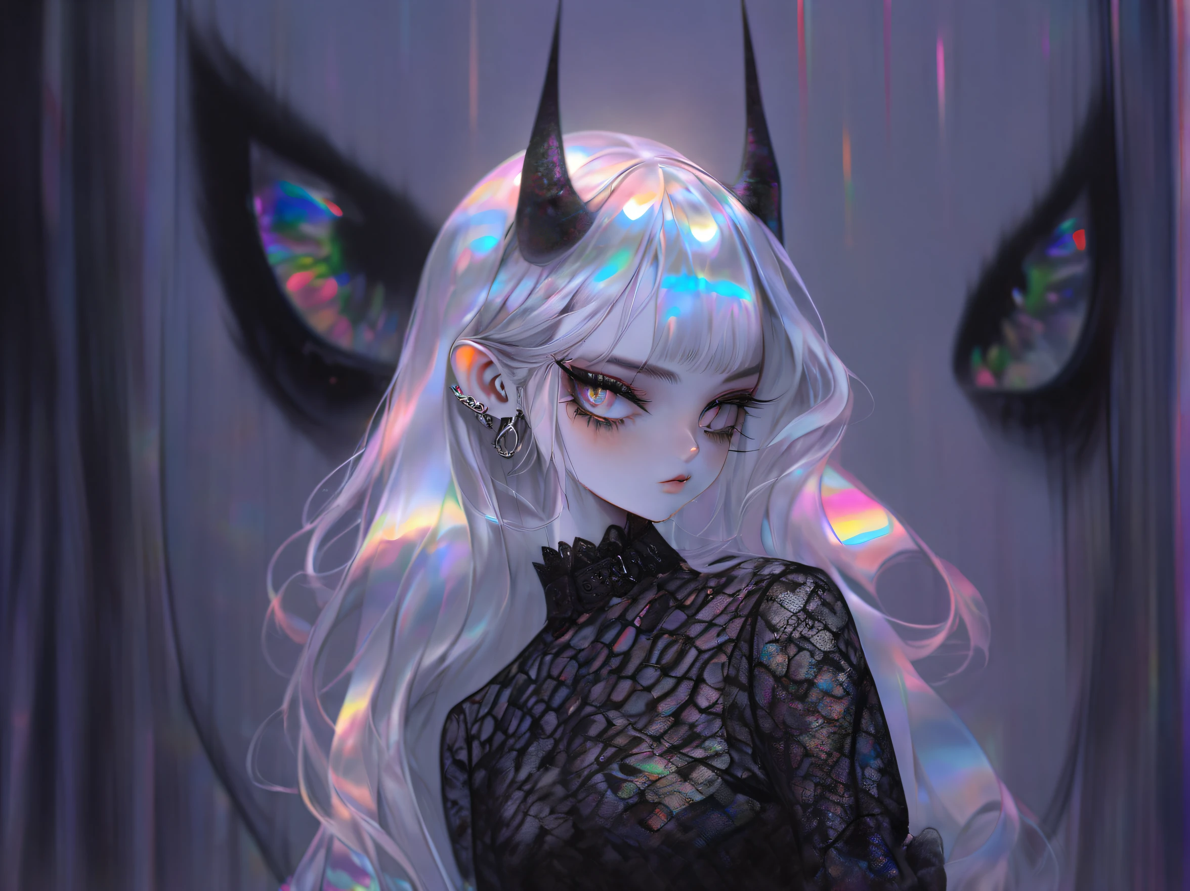 Anime girl with horns and black dress in a dark room - SeaArt AI