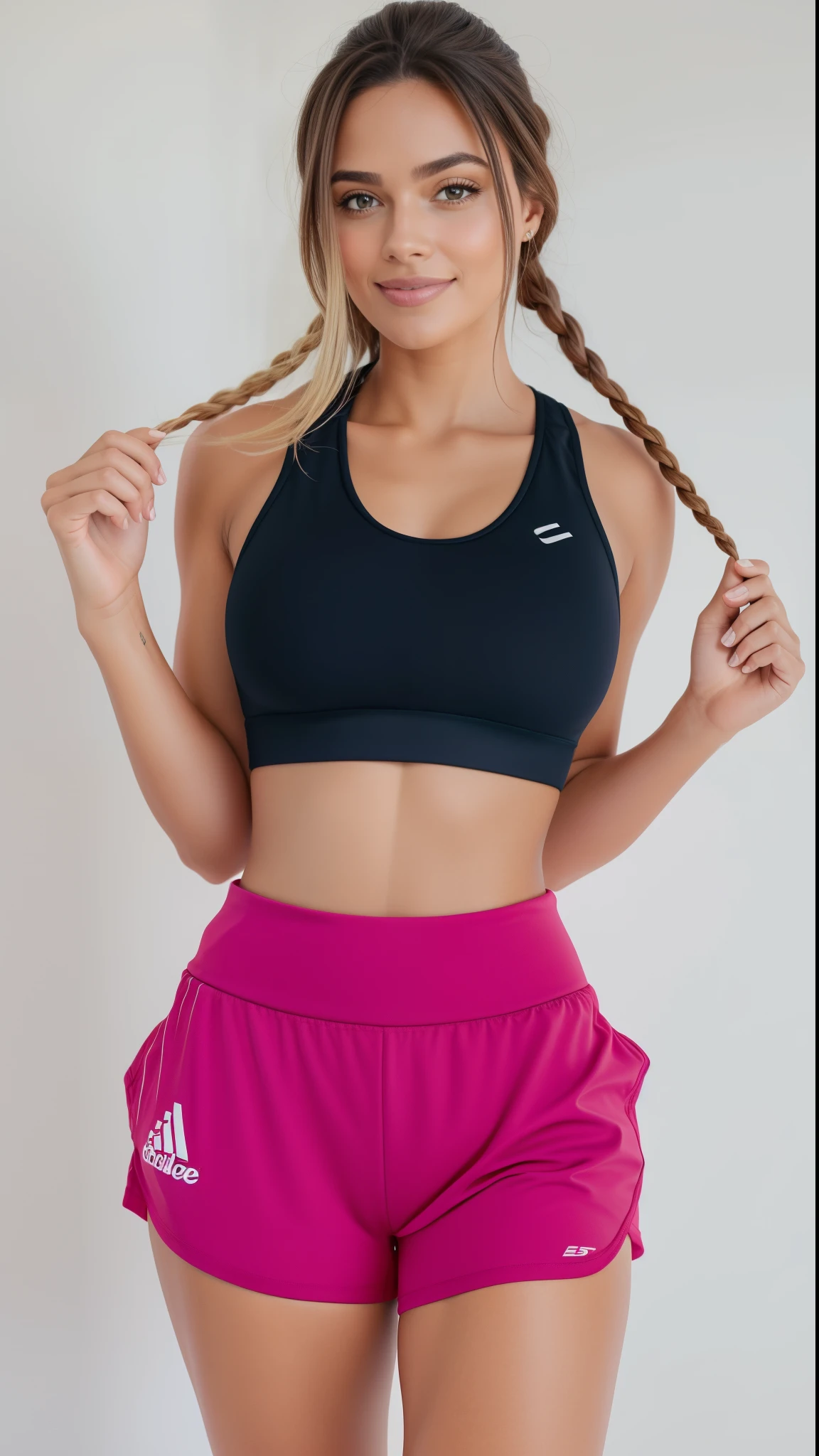 um close up de uma mulher de saia rosa posando para uma foto, sport bra and shorts, two piece workout clothes, detailed sports bra, sports bra, Esporte bom, brassier, topo de cabresto preto, top de cabresto rosa quente, usando uma regata preta cropped, usando uma regata cropped preta, topo de corte, sport bra and shirt, Topo de colheita, Titular Top