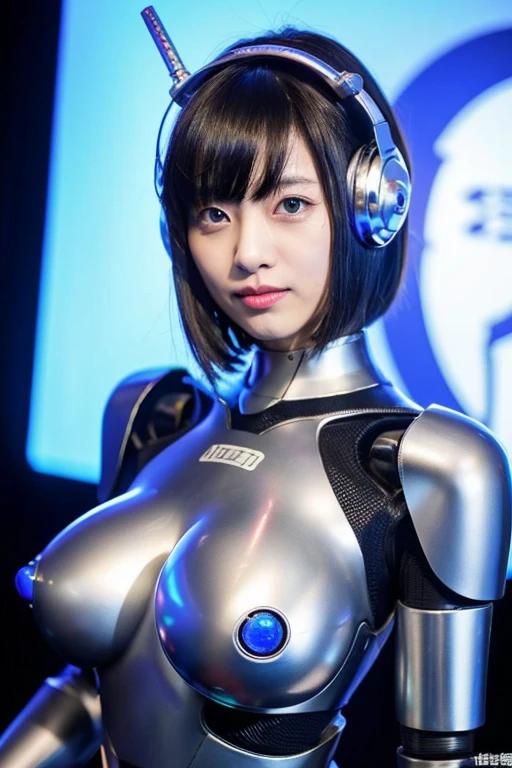 broken robot woman、Middle aged Japan woman、Retro robot body with silver metallic from the neck down、Spherical joints、huge tit、Antenna-shaped robot ears、Blue glowing eyes、deadpan、The background is a robot expo.、Anime style