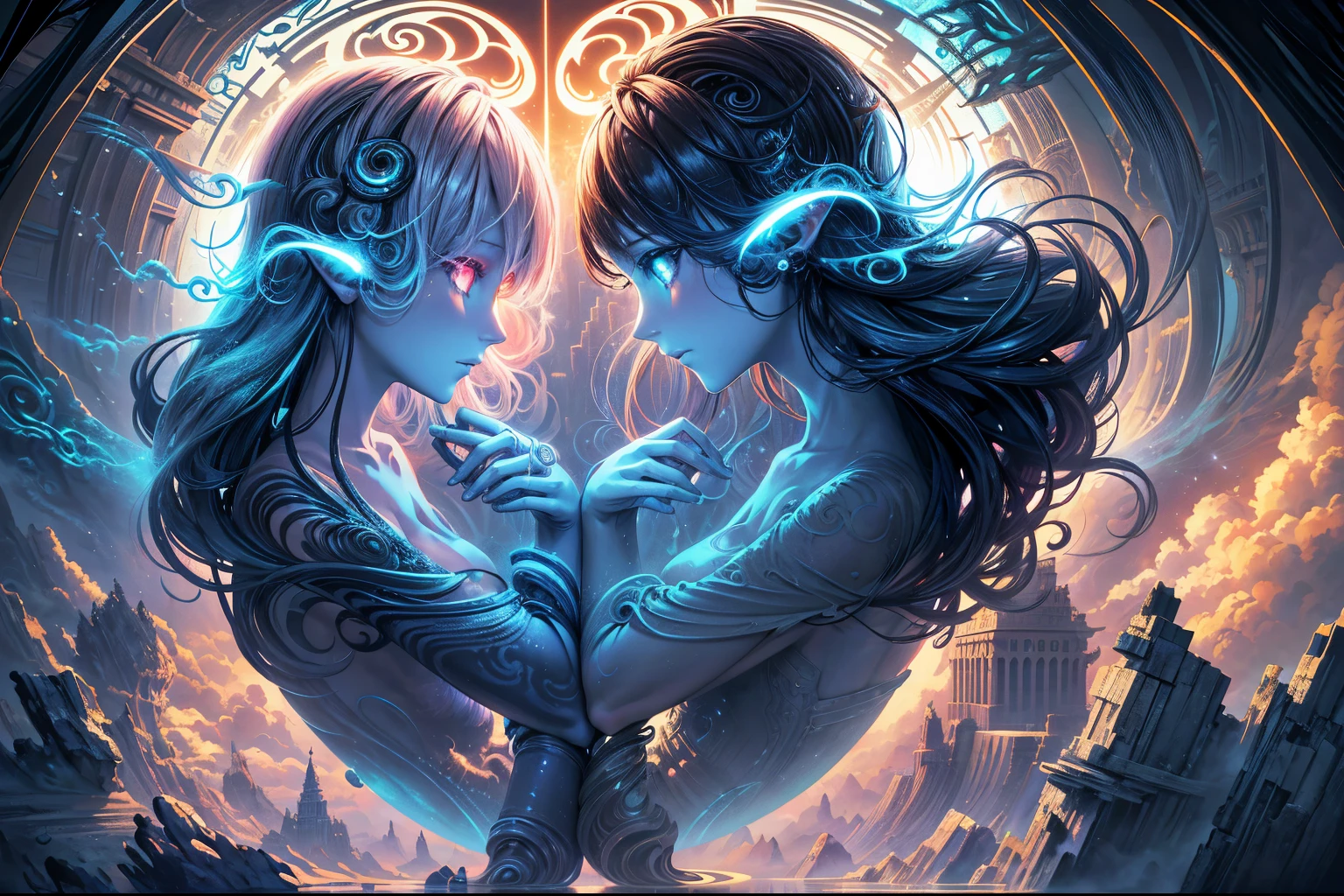 2girls, Two heads; technologies futuristic :: magic, twins Gemini opposites yin and Yang Symmetrical faces by Rob gonsalves by Max Ernst by Cyril Rolando bubbles, melted, deformed, wire, distorted, blended, psychedelic coloured fog by (abstract reality) floating bioluminescent sparkles, left_right