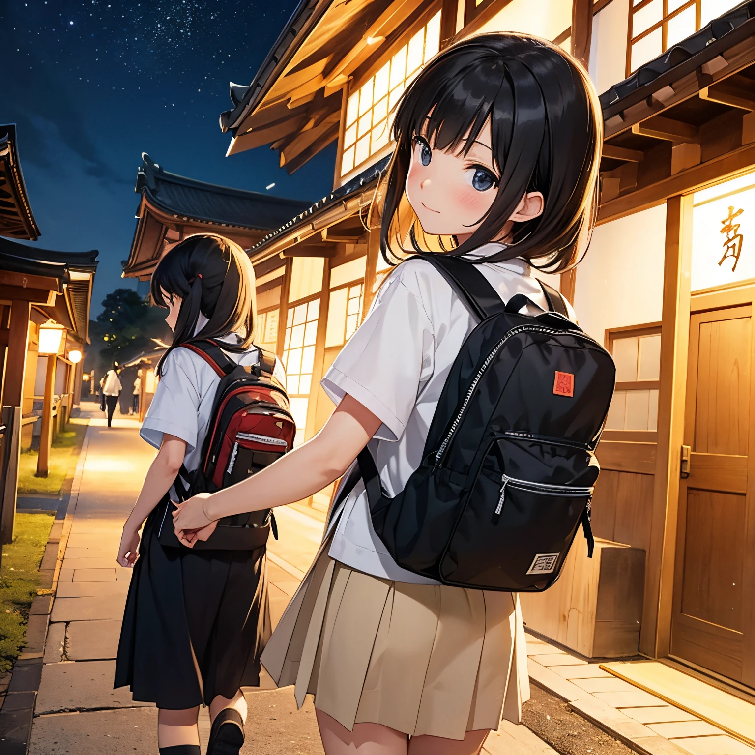 10yaers old,Hachikuji Temple True Night,backpack,School route,Looks Back