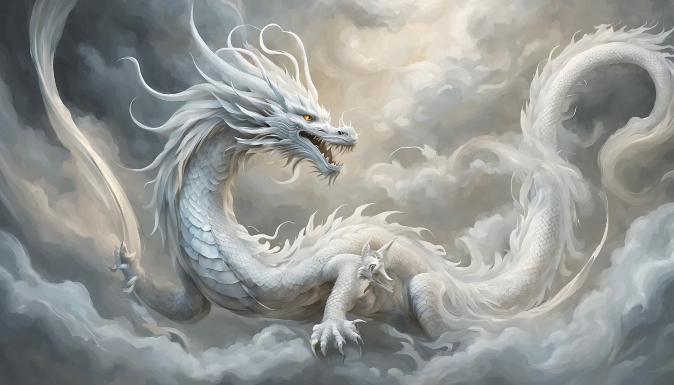 White Chinese dragon, delicate curves, Ethereal negative space art, tranquil ambiance, ultra - detailed, A high resolution, extremly intricate, HighDynamicRange, physically-based renderingt, Delicate scales and texture, ancient and mythical, Mystic aura, Delicate tendrils, Extremely elegant, The presence of majesty, strong yet calm, Dragon scales flash in the light, Intricate patterns, Rotating clouds, mythical creature, Guardians of Mythology, awe-inspiring, Otherworldly, Traditional calligraphy inspired brush strokes, masterful art, attractive beauty.
