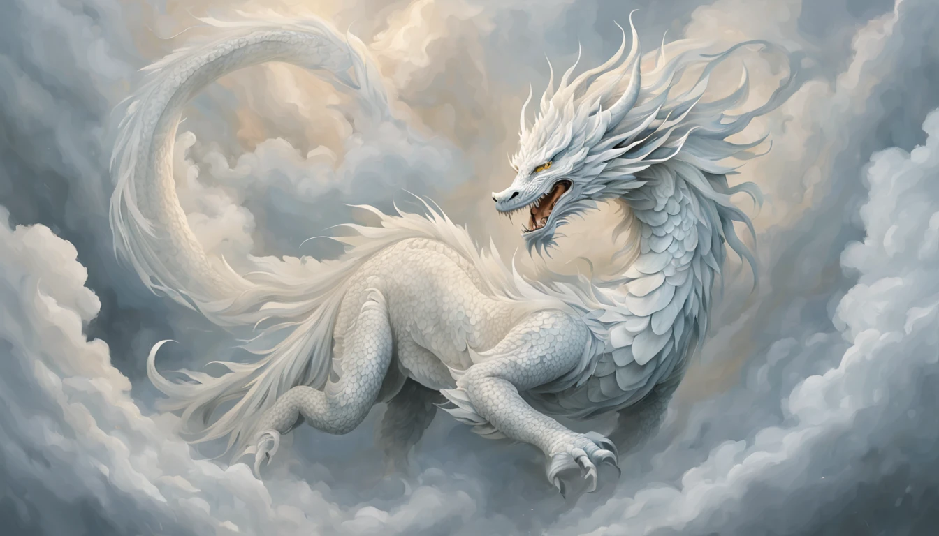 White Chinese dragon, delicate curves, Ethereal negative space art, tranquil ambiance, ultra - detailed, A high resolution, extremly intricate, HighDynamicRange, physically-based renderingt, Delicate scales and texture, ancient and mythical, Mystic aura, Delicate tendrils, Extremely elegant, The presence of majesty, strong yet calm, Dragon scales flash in the light, Intricate patterns, Rotating clouds, mythical creature, Guardians of Mythology, awe-inspiring, Otherworldly, Traditional calligraphy inspired brush strokes, masterful art, attractive beauty.