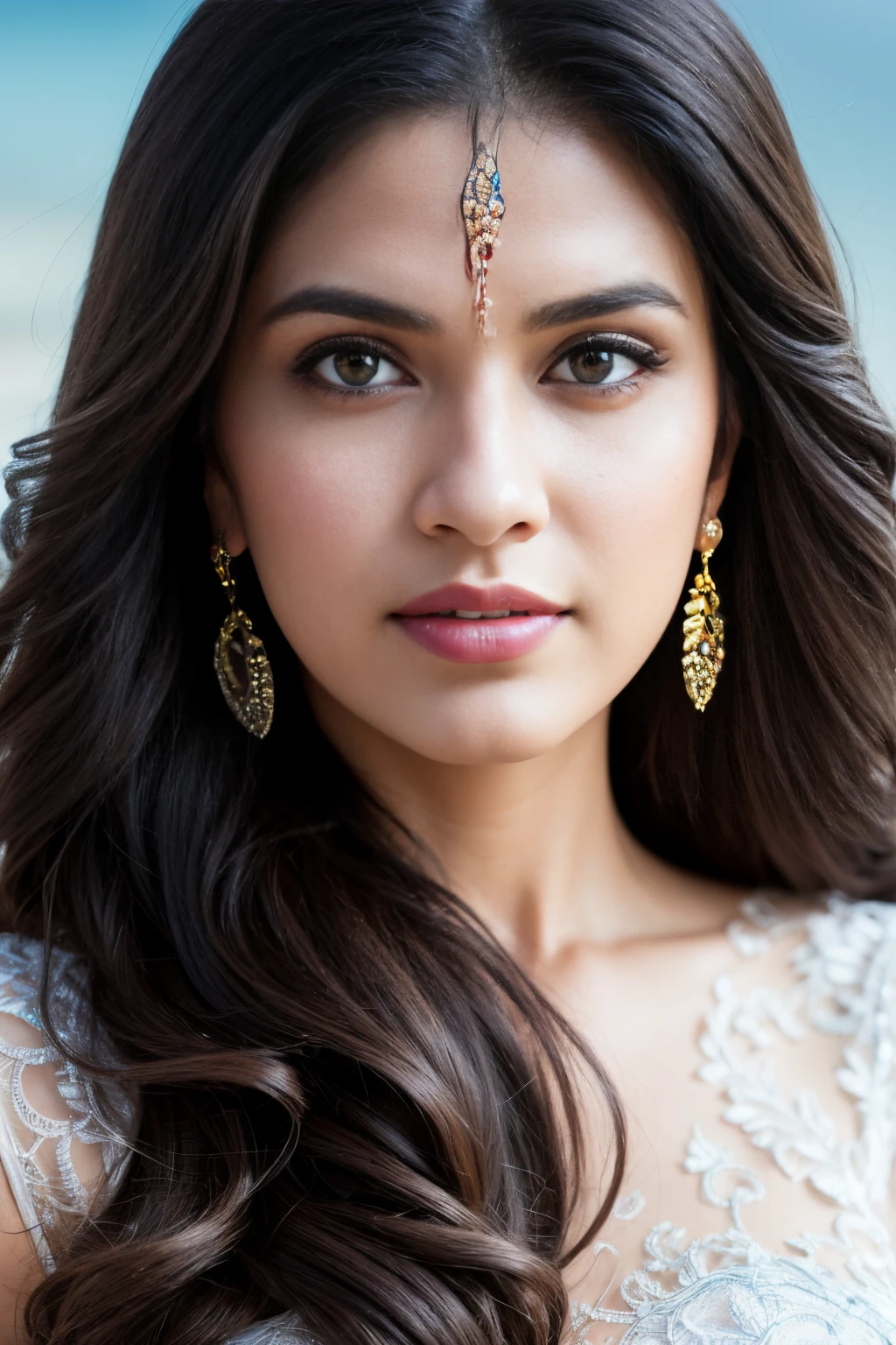 Portrait of A confident-looking indian woman with long flowing hair, hazel eyes, with flowing capes, ocean background, bokeh, perfect composition, hyperrealistic, super detailed, 8k, high quality, trending art, trending on artstation, sharp focus, studio photo, intricate details, highly detailed, art by greg rutkowski 8k quality, Ultra realistic,