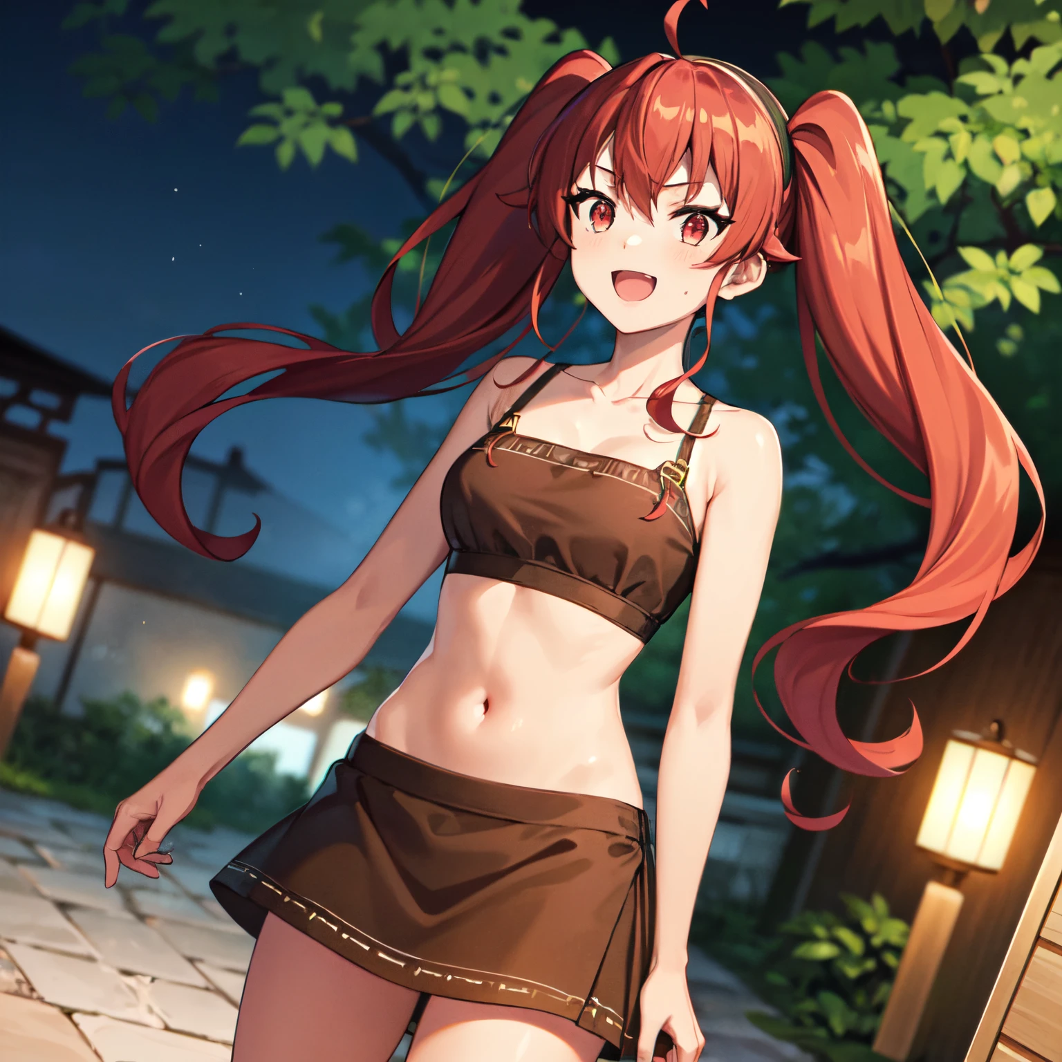 1girl, , , , (steam:1.3),, ,, ,, ,,,, , eris boreas greyrat, open mouth, light smile, twintails, red hair, ahoge, red eyes, black hairband, collarbone, indian bra, indian skirt, brown bra, brown skirt, miniskirt, standing, (facing viewer:1.2), looking at the viewer, forest, , night,,, , , ,.,, glistening skin, , shiny skin, brown skin,