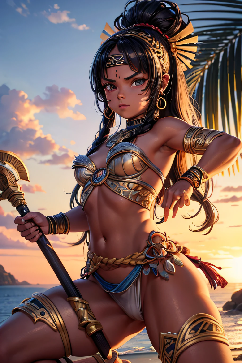 young samoan girl, ancient samoan warrior, wielding a spear, evil look,,combat stance, facepaint, bodypaint, sexi, small breasts, beach in background, highly detailed, vibrant appearance, creative behavior, extremly detailed, imaginative, sensual, spontaneous, highest quality, skin texture, intricate details, (cinematic lighting), RAW photo, 8k, masterpiece,best quality,ultra-detailed,very detailed illustrations,extremely detailed,intricate details,highres,super complex details,extremely detailed 8k cg wallpaper,