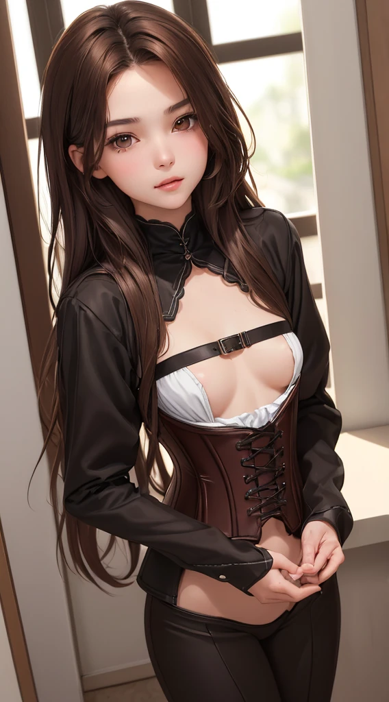 (Best quality at best, tmasterpiece, s the perfect face) Brown hair, 18yo Girl, medium tits, 校服,corset,middlebreast