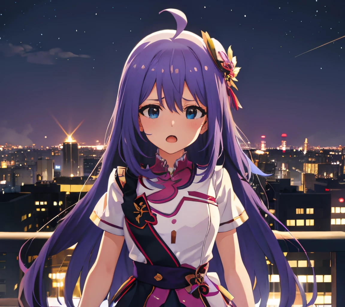 {{{{{mochizuki anna}}}}},1girl,solo,long hair,purple hair,small_ahoge,blue eyes.short stature.skirt.(((masterpiece))).(((best quality))).((ultra-detailed))).(((illustration))).night view.small Breasts.Sad face.up chest.open mouth.idol clothes.beret.White T-shirt.