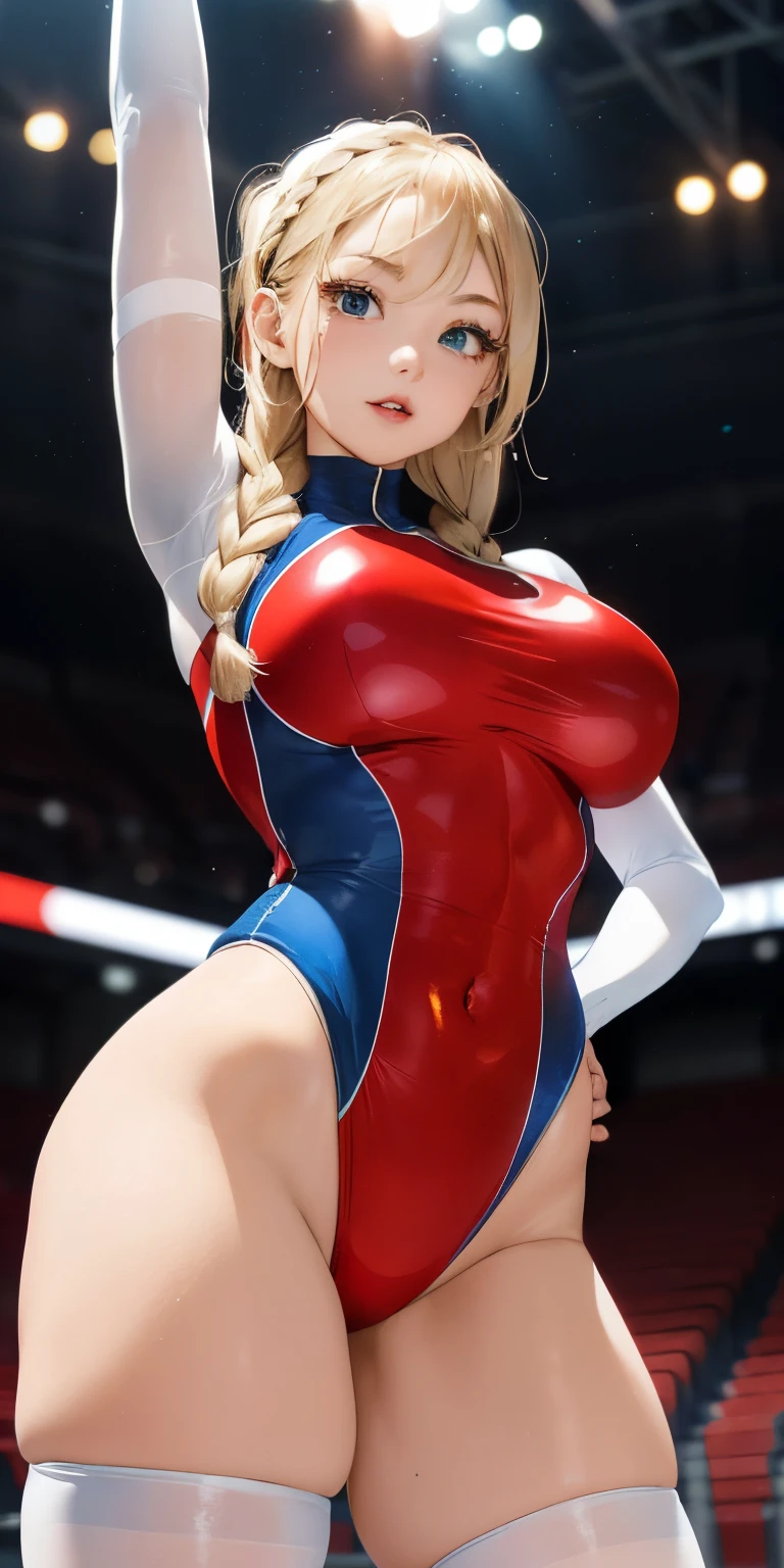 ((top-quality))Red cheeks、Thigh emphasis、thick and fresh lips (Glossy skin 1.7)Super close-up looking up from below(((Look sexy)))((masterpiece)、Breasts enlarged(1 shiny skin.1.4).(background gymnastics arena、)Big buttocks、( girl)'Buttocks in the face、((Shiny white and blue leotard))、Blonde braid hair、Sexy Posing、(Various poses)
