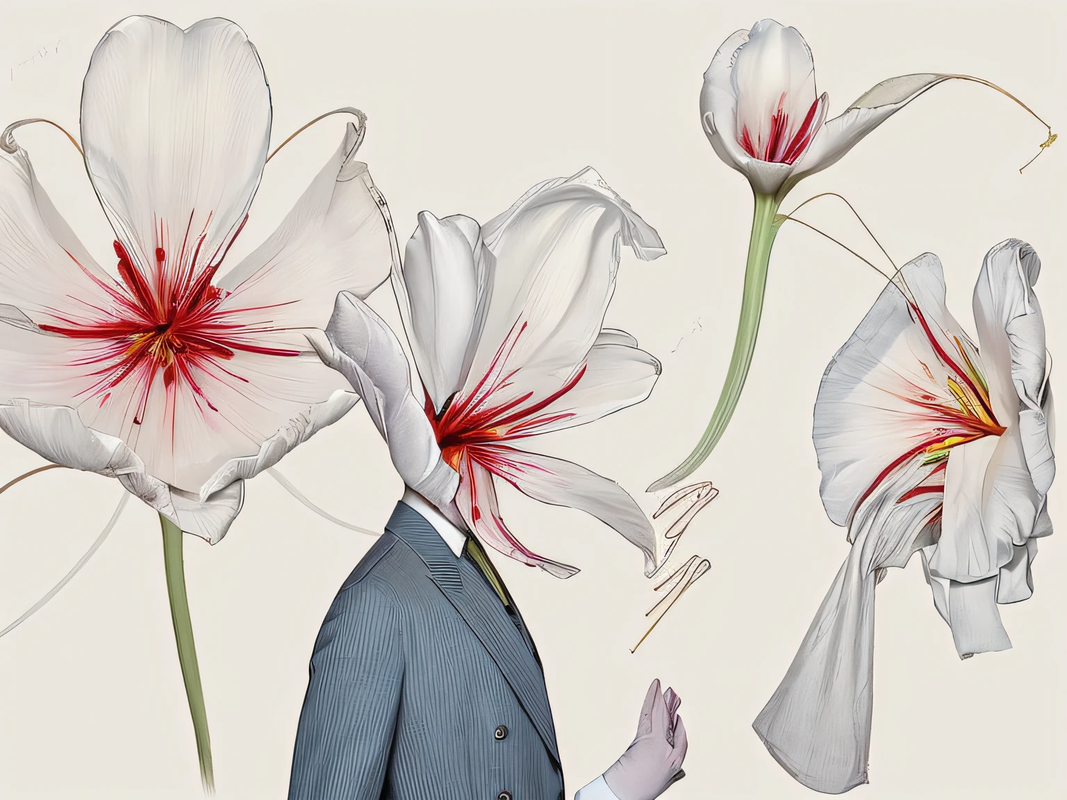 Draw a flower-like creature and a male figure,Initially, In place of the human head a huge tulip.,The petal color of this tulip based on white,There are some red vertical ones、slightly staggered lines,Very thin, massiness,sometimes deep,sometimes shallow.,Except for the head of course,The body exactly the same as that of a human being,He wears a pair of white silk gloves on his hands,wearing a dark blue suit,look like a gentleman,Realisticstyle