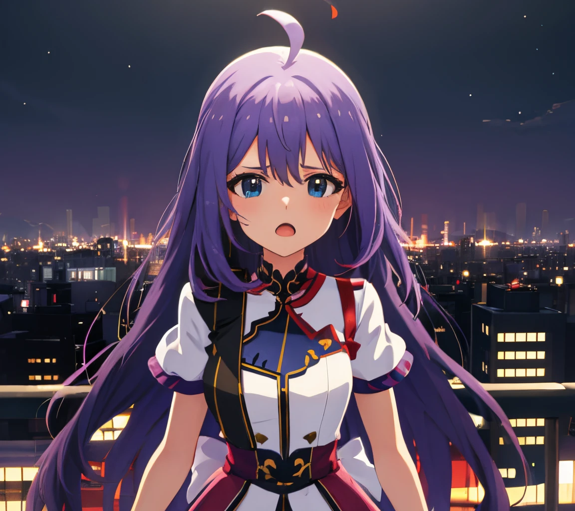 {{{{{mochizuki anna}}}}},1girl,solo,long hair,purple hair,small_ahoge,blue eyes.short stature.skirt.(((masterpiece))).(((best quality))).((ultra-detailed))).(((illustration))).night view.small Breasts.Sad face.up chest.open mouth.idol clothes.beret.White T-shirt.