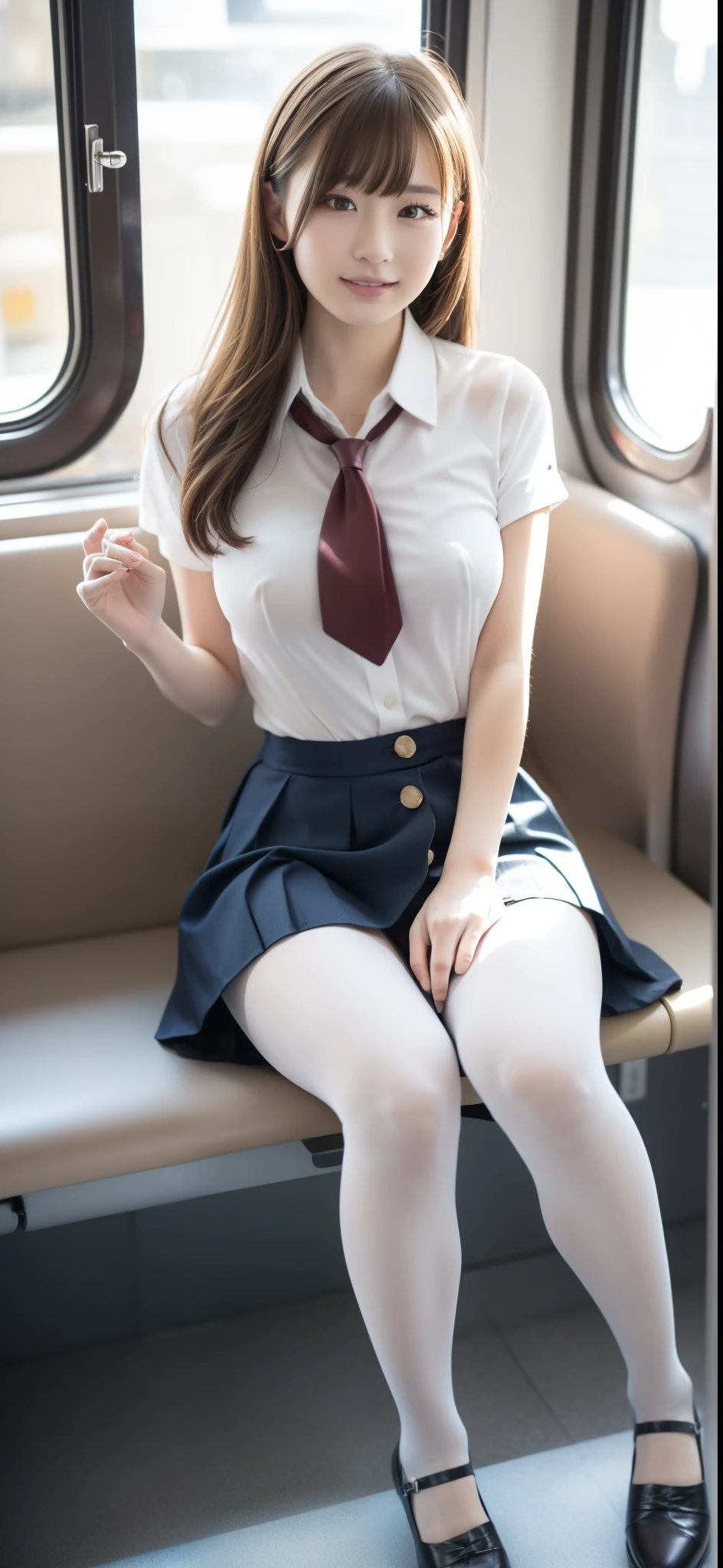 top-quality,ultra - detailed,tmasterpiece,hentail realism,Photorare,Bright lighting,1 girl in, Very beautiful 20 year old girl, (kawaii:1.2),Smile, (eyes are brown),(Brown hair),(By bangs),perfect glossy skin,flawless skin,((erotick)),((Exact pointers，No discomfort)), Colossal tits,big breasts thin waist, looking at viewert,((Tight suit)),((White short-sleeved shirt、Open the button)),(red necktie),(Dark blue tight mini skirt),(((Lift the skirt yourself))),(Showing off her pink micro mini panties)、Pubic hair is visible、Panty Focus,((Sit up,Spread your legs apart)), during daytime,Inside the bright train,Horizontal bench seat，
