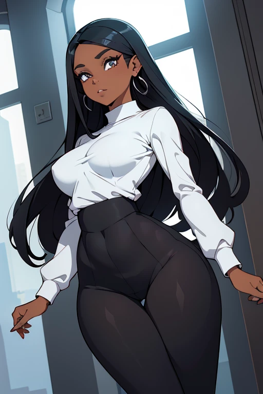 linda secretaria morena,usando salto alto com meias preta longas, sueter branco,belos olhos detalhados,meias pretas longas apertadas, saia curta. salto alto preto, stocking black corpo inteiro a mostra, corpo completo na foto,sexy