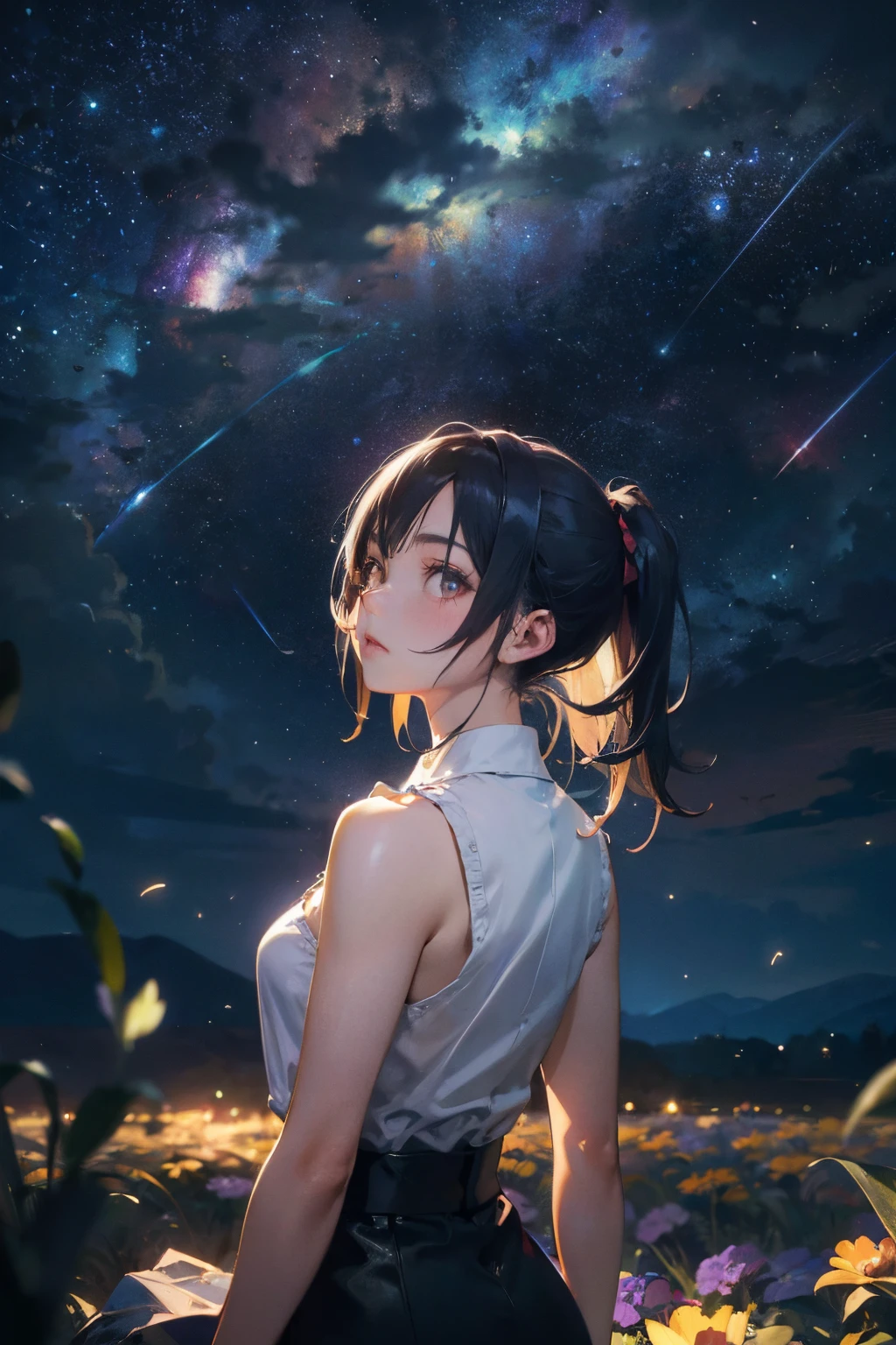 a 20 yo woman、Black blue Hair、poneyTail、(hi-top fade:1.3)、dark themed、Muted Tones、Subdued Color、highly contrast、(natural skin textures、Hyper-Realism、Soft light、sharp)、full moon night, starry sky, shooting stars, a girl standing on a sea of colorful flowers, looking up the sky, turn back to viewers, butterfly, fireflies, (girl focus:0.7) BREAK,Detailed,Realistic,4k highly detailed digital art,octane render, bioluminescent, BREAK 8K resolution concept art, realism,by Mappa studios,masterpiece,best quality,official art,illustration,ligne claire,(cool_color),perfect composition,absurdres, fantasy,focused, rule of thirds