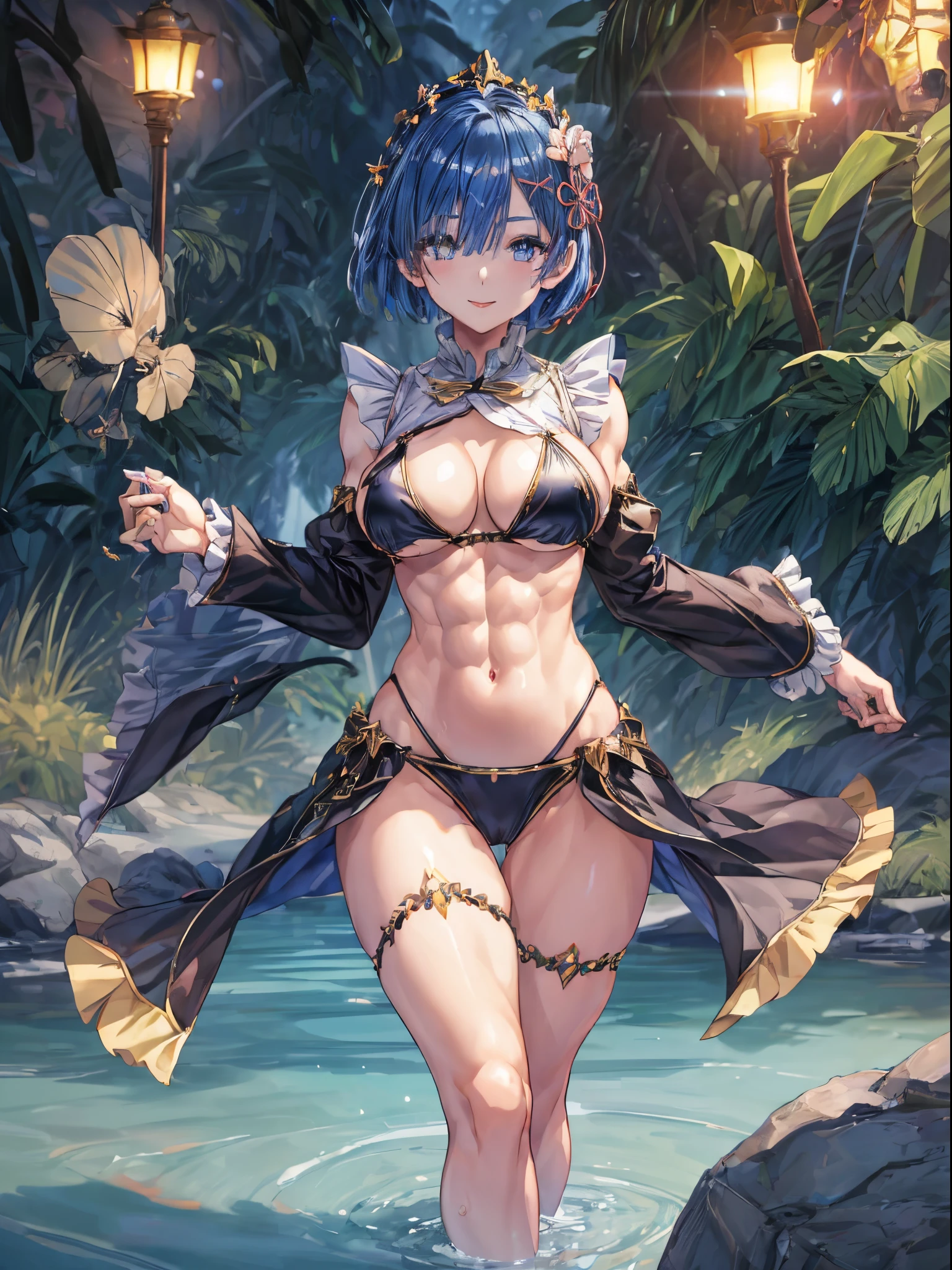 (((1 girl))), (master piece, best quality;1.3), ultra detailed, Looking at Viewer, castle, standing, smiling, Rem_ré_zero, blue hair, short hairstyle, very short and sexy bikini, hair ornament hair, cleavage, ribbon, muscular legs, muscular belly, lean defined arms, medium to large breasts, full body photo, barefoot, eye reflection, glowing eyes, anime, anime style, cinematic lighting, ray tracing, panorama, Sony FE , UHD, masterpiece, accurate, anatomically correct, super details, high quality, high resolution, HD, 16k