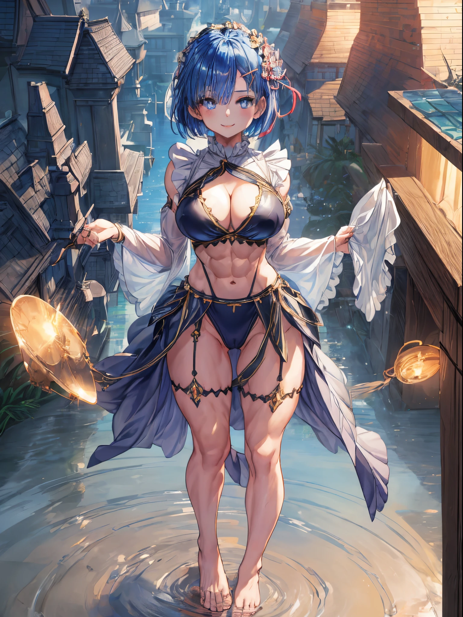 (((1 girl))), (master piece, best quality;1.3), ultra detailed, Looking at Viewer, castle, standing, smiling, Rem_ré_zero, blue hair, short hairstyle, very short and sexy bikini, hair ornament hair, cleavage, ribbon, muscular legs, muscular belly, lean defined arms, medium to large breasts, full body photo, barefoot, eye reflection, glowing eyes, anime, anime style, cinematic lighting, ray tracing, panorama, Sony FE , UHD, masterpiece, accurate, anatomically correct, super details, high quality, high resolution, HD, 16k