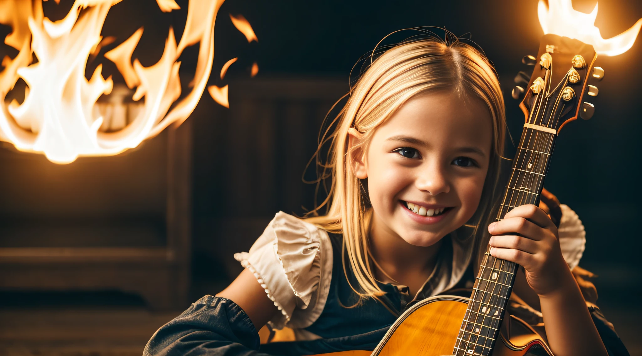 blonde girl holding a guitar with a smile on her face, hands in the fire