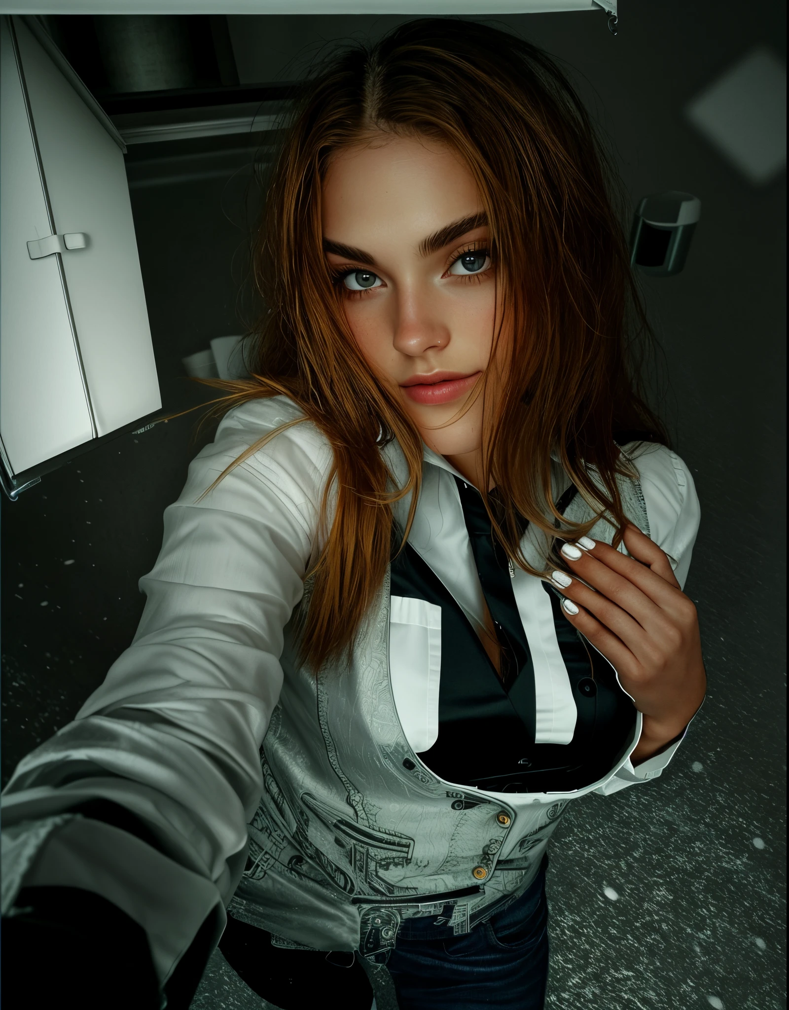 beautiful girl wearing a suit button shirt caught in the rain wet hair, (masterpiece:1.2) (illustration:1.1) (best quality:1.2) (detailed) (intricate) (8k) (HDR) (wallpaper) (cinematic lighting) (sharp focus)