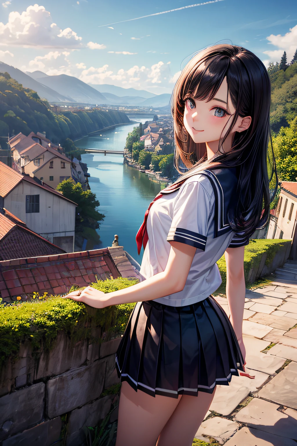 Very cute and beautiful girl,Teen,(very detailed beautiful face and eyes:1.2),Seifuku,Smile,(Pleated mini-skirt),
(Cowboy Shot),Looking back,from behind,Leaning forward,White thong,Dynamic Pose,Dynamic Angle,Looking at Viewer,
many european houses with red roofs,(Town overview:1.2),Narrow river and distant stone bridge,Detailed landscapes,
Black hair,(Best Quality,masutepiece:1.2),Intricate details,Solo,8K resolution,Natural lighting,
Hair fluttering in the wind,Beautiful detailed sky,