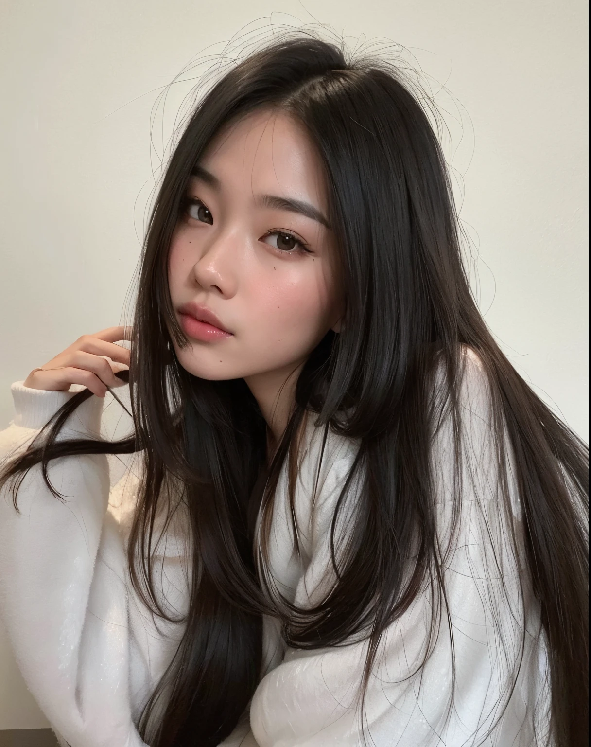 tem uma mulher que escova o cabelo com uma escova, Wenfei Ye, Asian girl with long hair, louise zhang, com cabelos longos, Xision Wu, gemma chen, a young asian woman, Jaeyeon Nam, young asian girl, young cute wan asian face, Xintong Chen, Gongbi, Heonhwa Choe, Lulu Chen
