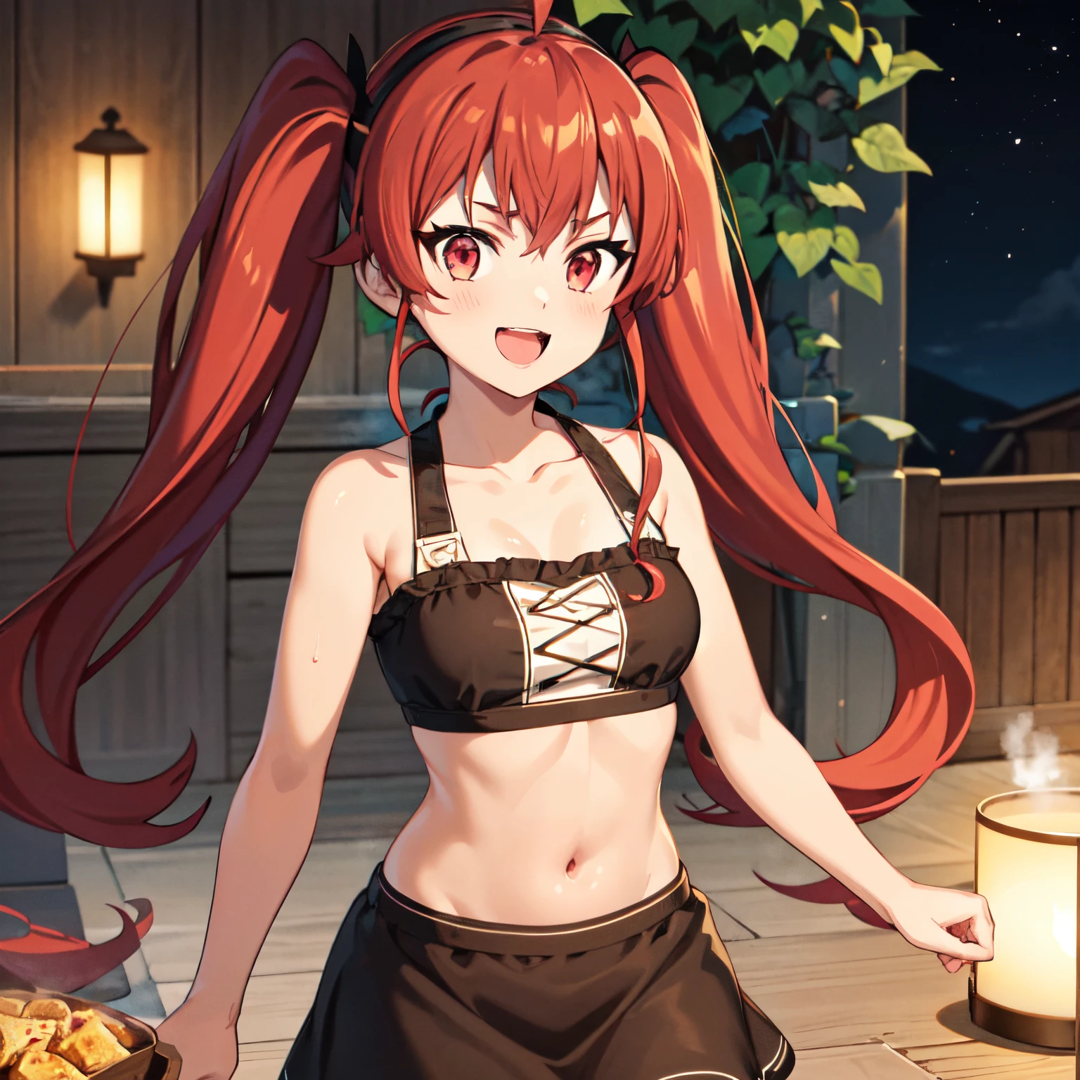 1girl, , , , (steam:1.3),10 years old, ,, ,, ,,,, , eris boreas greyrat, open mouth, light smile, twintails, red hair, ahoge, red eyes, black hairband, collarbone, indian bra, indian skirt, brown bra, brown skirt, miniskirt, standing, (facing viewer:1.2), looking at the viewer, forest, , night,,, , , ,.,, glistening skin, , shiny skin, brown skin,